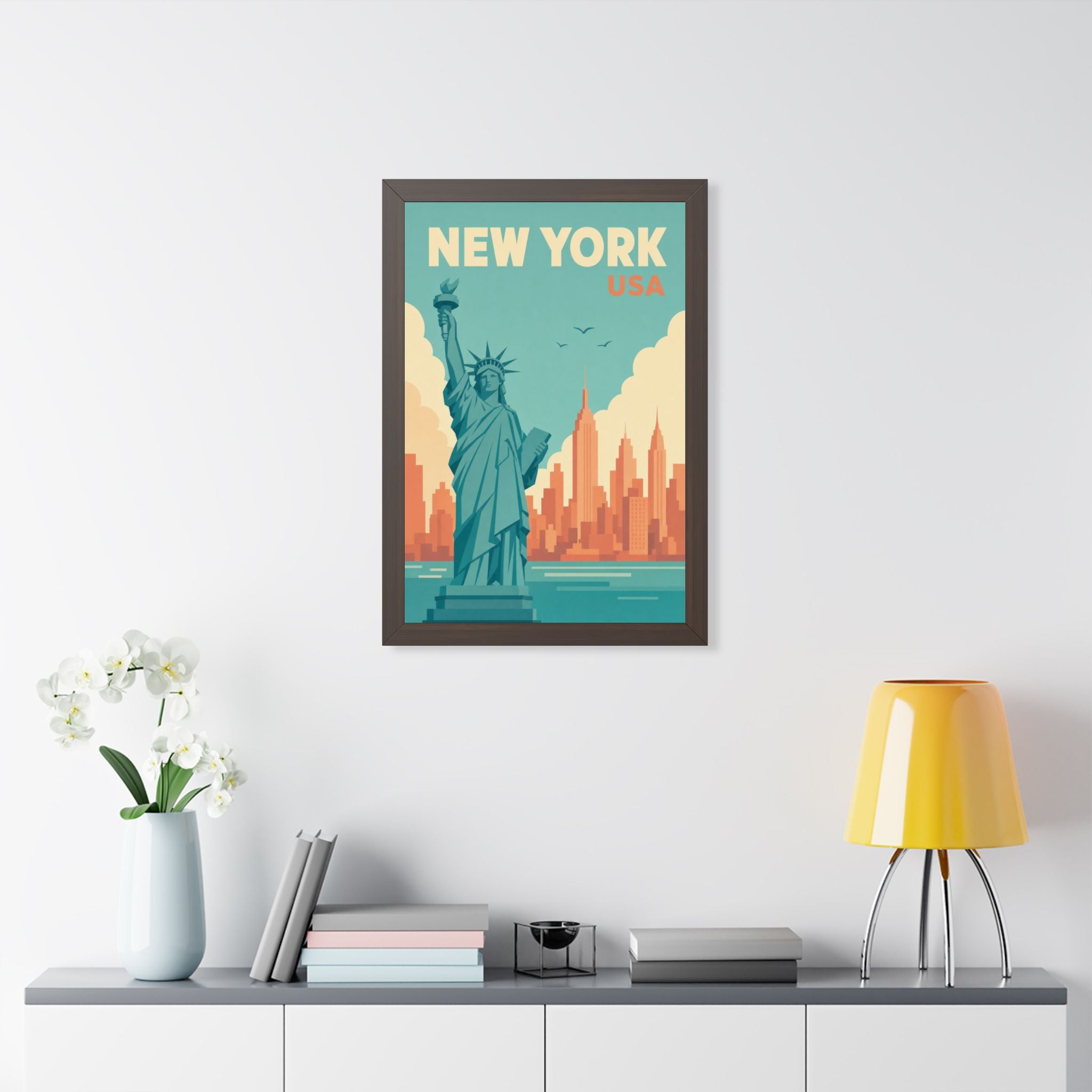 New York Harbor United States Framed Poster | Vintage Travel Wall Art | Black Walnut White Frame | 16x24 20x30