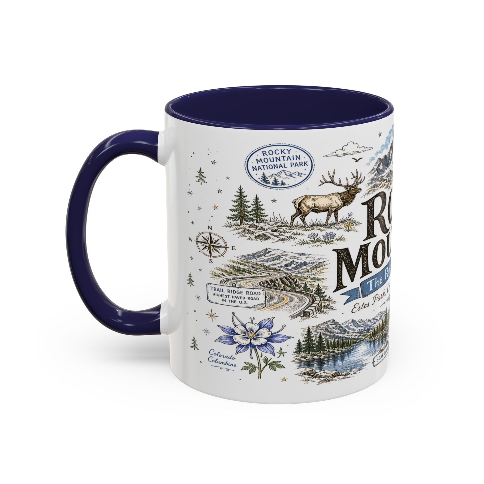 Rocky Mountain Coffee Mug | National Park Hiking Camping Gift | Accent Color Ceramic 11oz 15oz