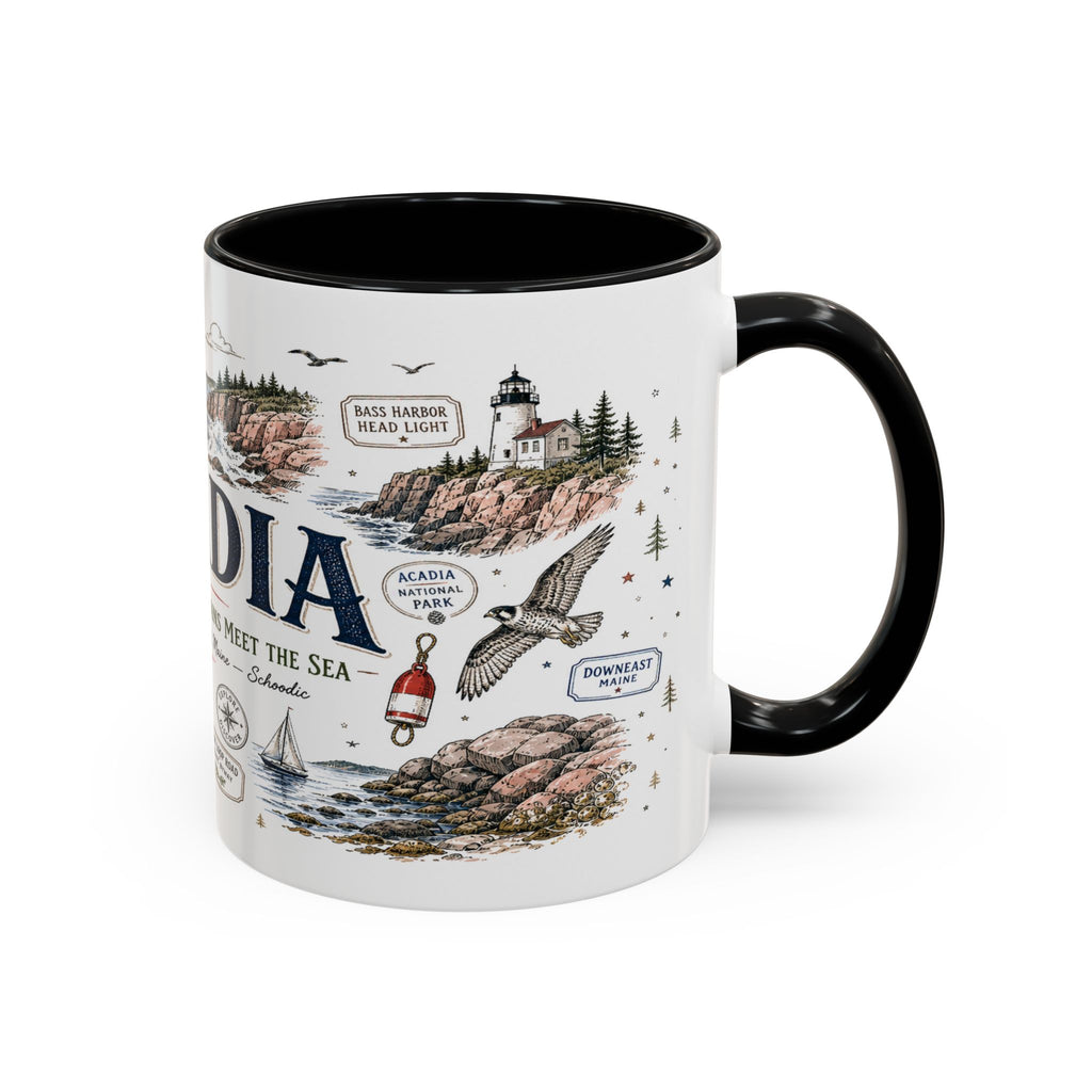Acadia Coffee Mug | National Park Hiking Coastal Gift | Accent Color Ceramic 11oz 15oz