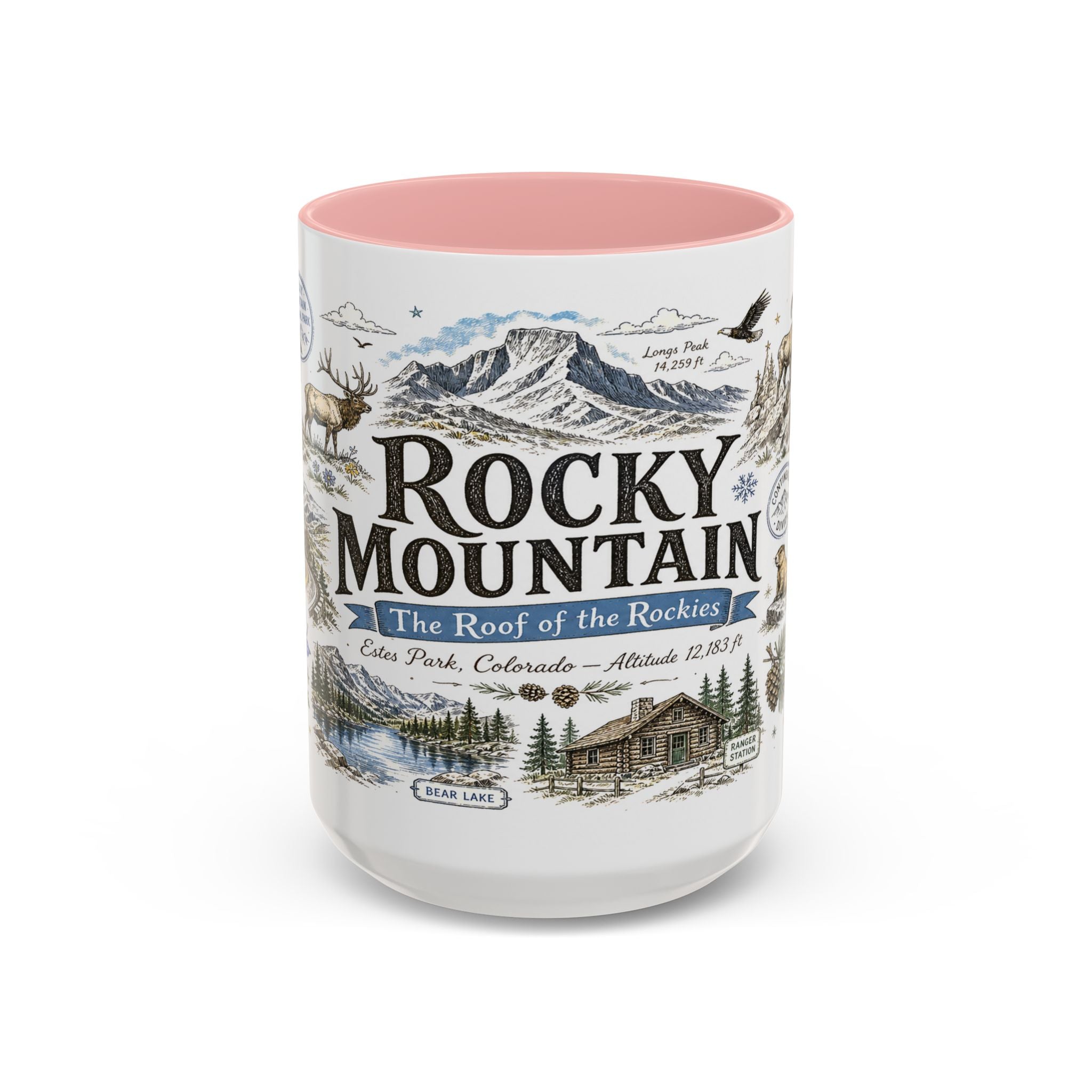 Rocky Mountain Coffee Mug | National Park Hiking Camping Gift | Accent Color Ceramic 11oz 15oz