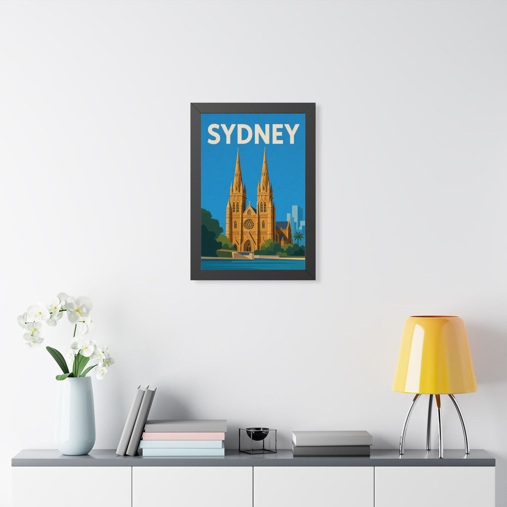 Sydney Cathedral Australia Framed Poster | Vintage Travel Wall Art | Black Walnut White Frame | 16x24 20x30