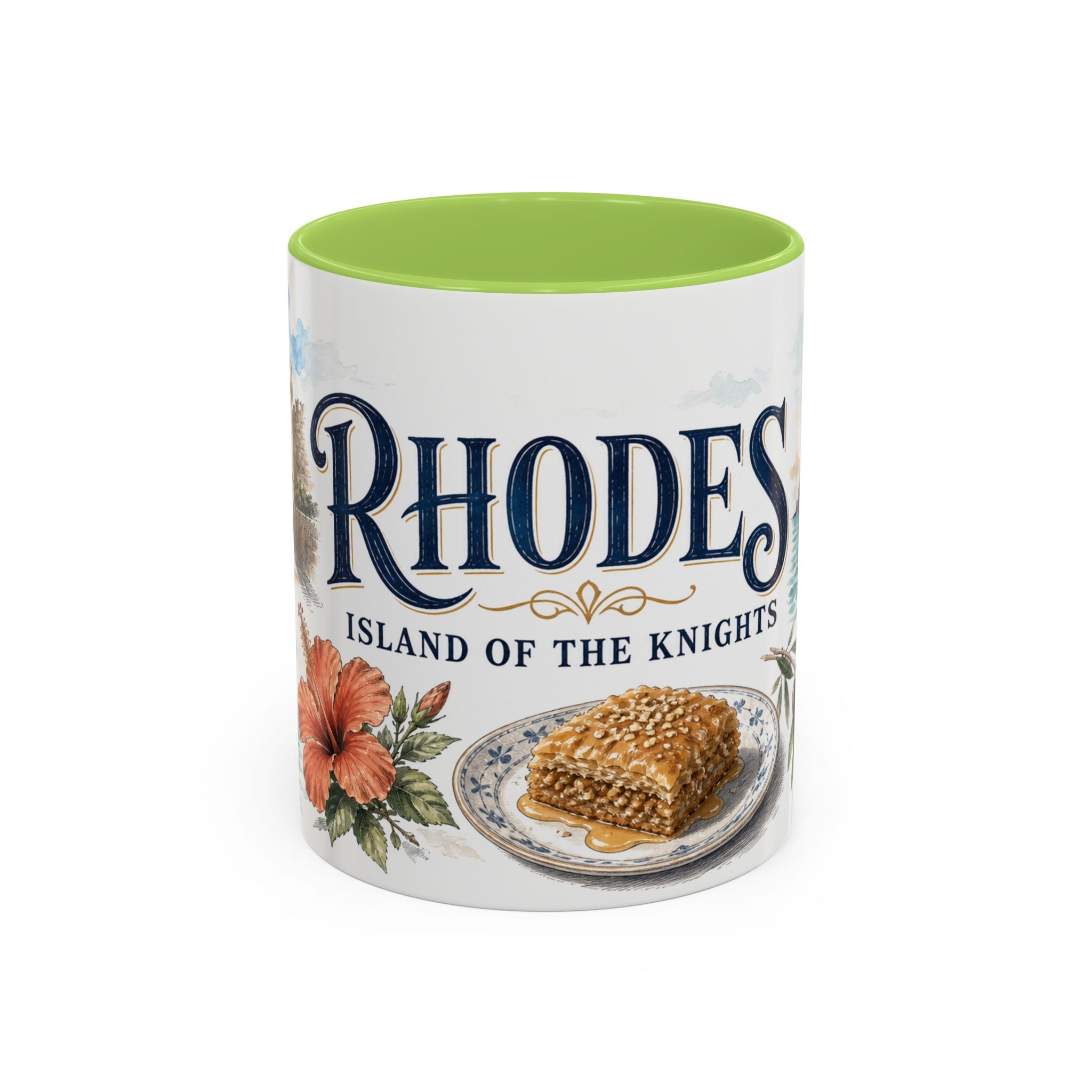 Rhodes Coffee Mug | Greece Travel Souvenir | Vintage Illustrated City Gift | 11 oz 15 oz Accent Mug