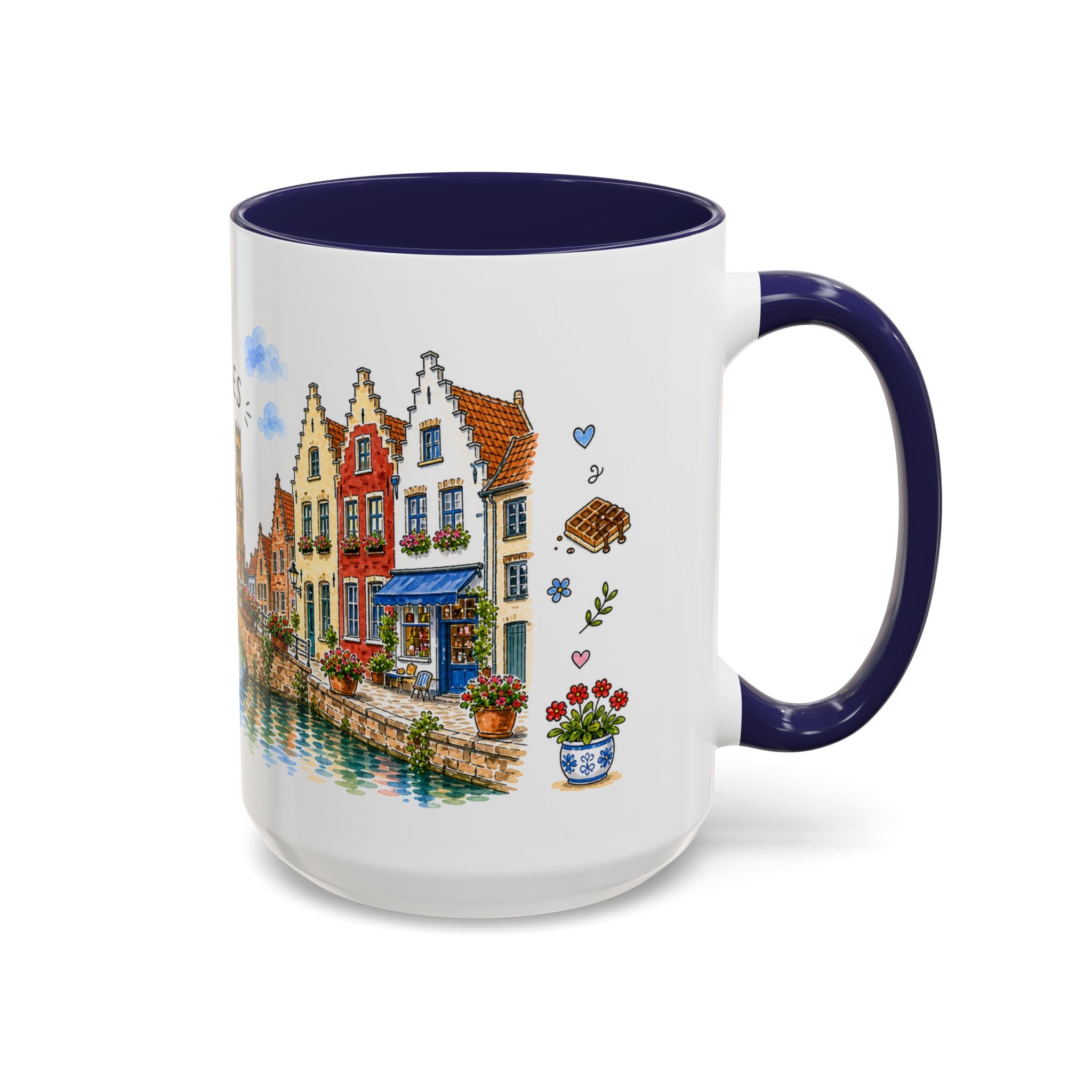 Bruges Illustrated Travel Mug | Belgium Souvenir Accent Coffee Mug | 11oz 15oz Ceramic Cup