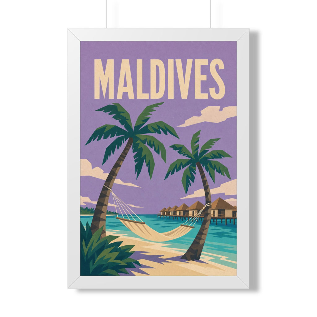 Maldives Beach Maldives Framed Poster | Vintage Travel Wall Art | Black Walnut White Frame | 16x24 20x30