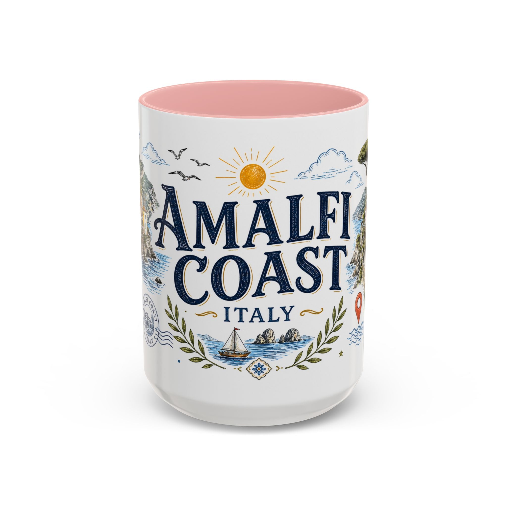 Amalfi Coast Coffee Mug | Travel Destination Souvenir Gift | Accent Color Ceramic 11oz 15oz