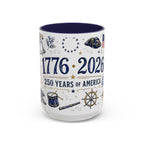 America 250 Coffee Mug | 1776-2026 Patriotic 4th of July Gift | Accent Color Ceramic 11oz 15oz
