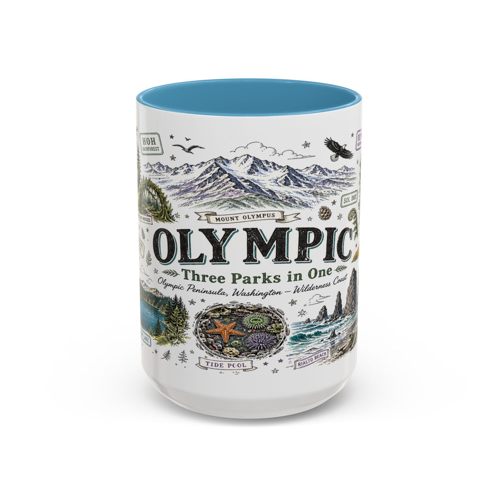 Olympic Coffee Mug | National Park Hiking Rainforest Gift | Accent Color Ceramic 11oz 15oz