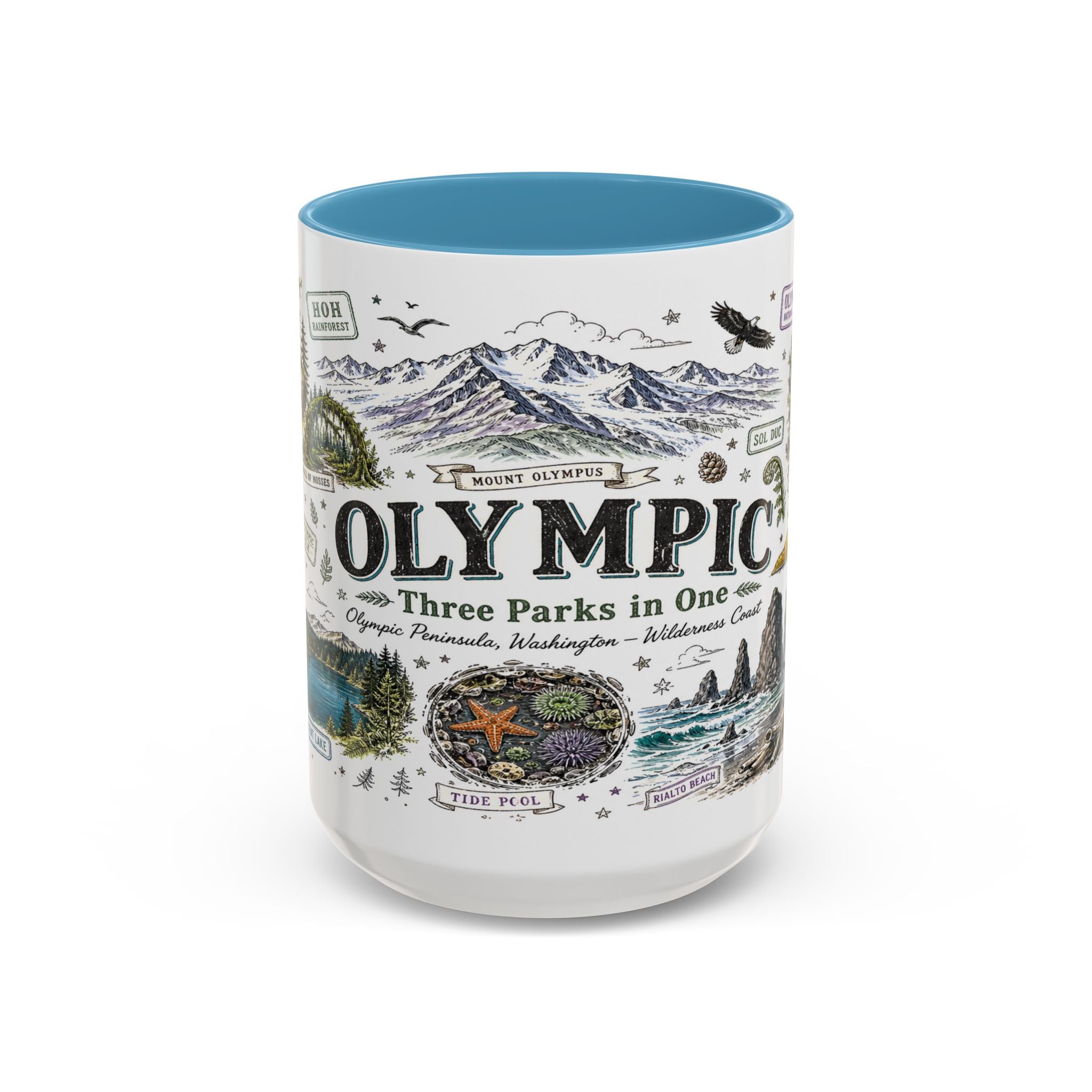 Olympic Coffee Mug | National Park Hiking Rainforest Gift | Accent Color Ceramic 11oz 15oz
