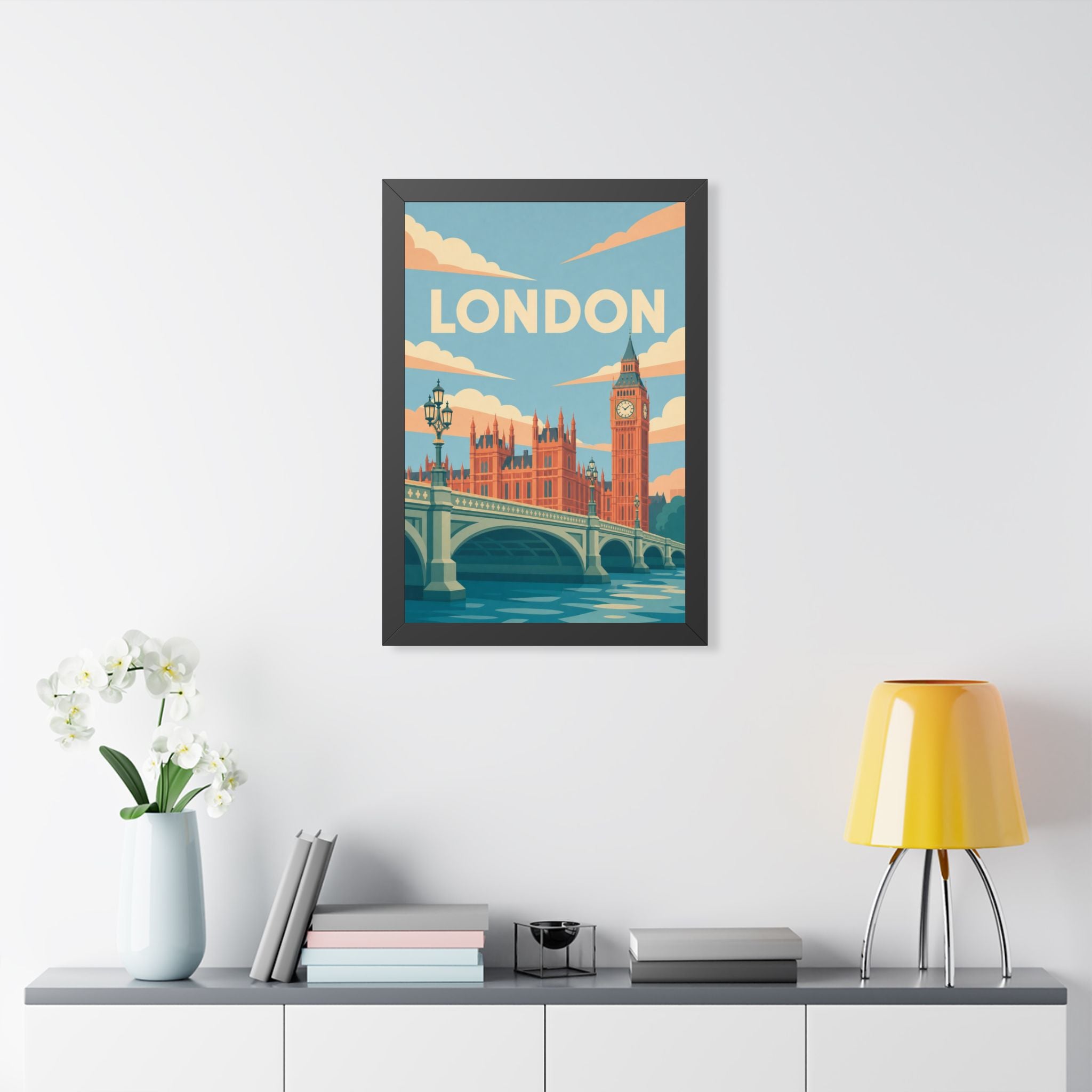 London Westminster United Kingdom Framed Poster | Vintage Travel Wall Art | Black Walnut White Frame | 16x24 20x30