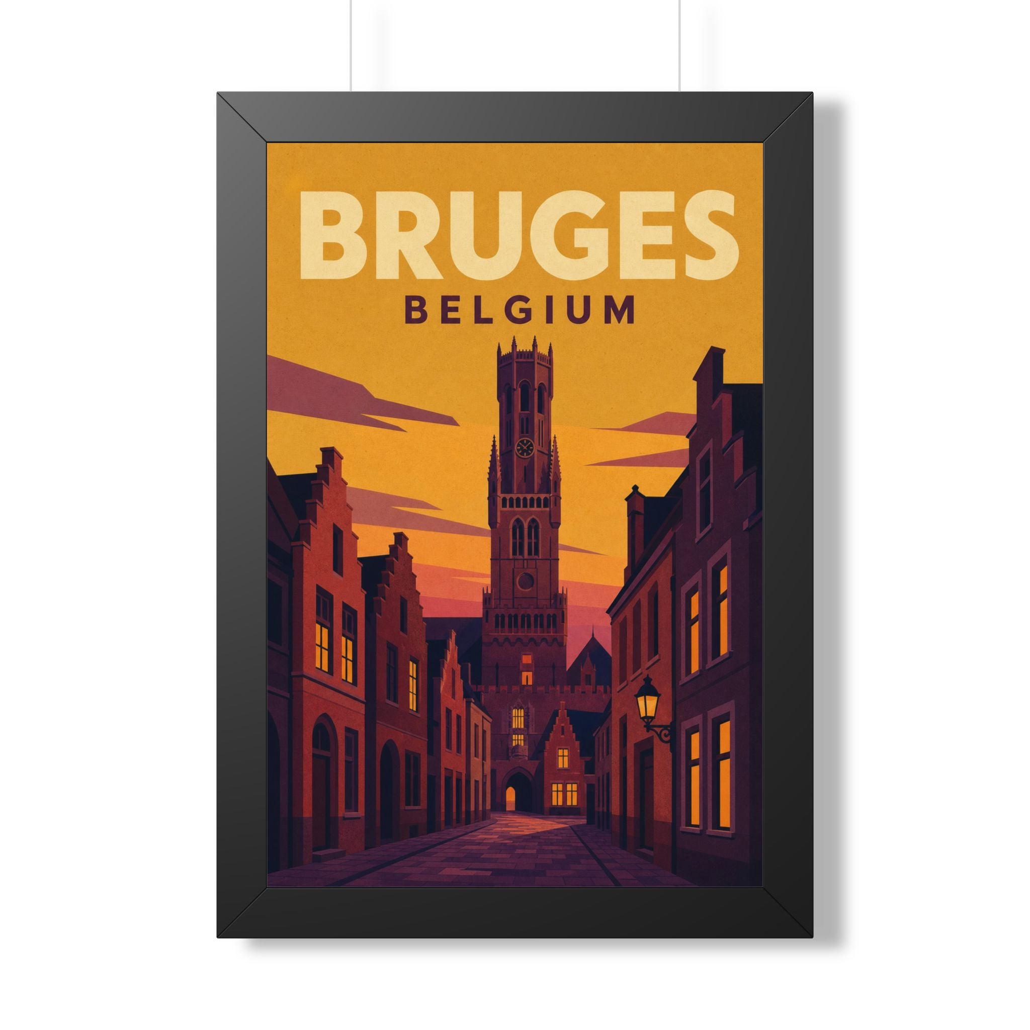 Bruges Belgium Framed Poster | Vintage Travel Wall Art | Black Walnut White Frame | 16x24 20x30