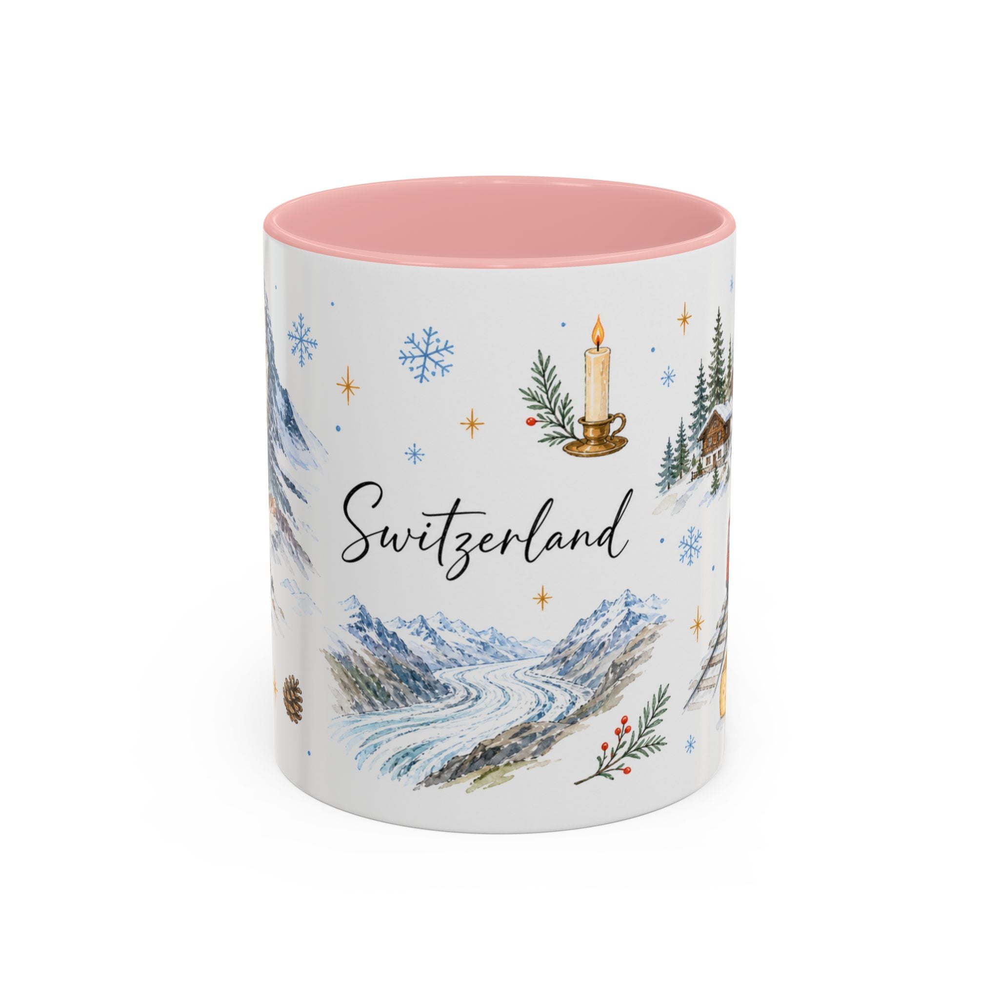 Switzerland Christmas Mug | Watercolor Travel Souvenir | Holiday Gift | Accent Ceramic Coffee Cup 11oz 15oz
