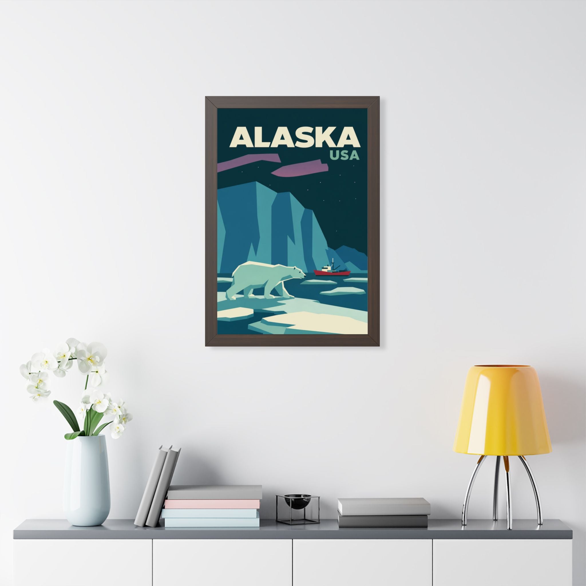 Alaska Polar Bear United States Framed Poster | Vintage Travel Wall Art | Black Walnut White Frame | 16x24 20x30