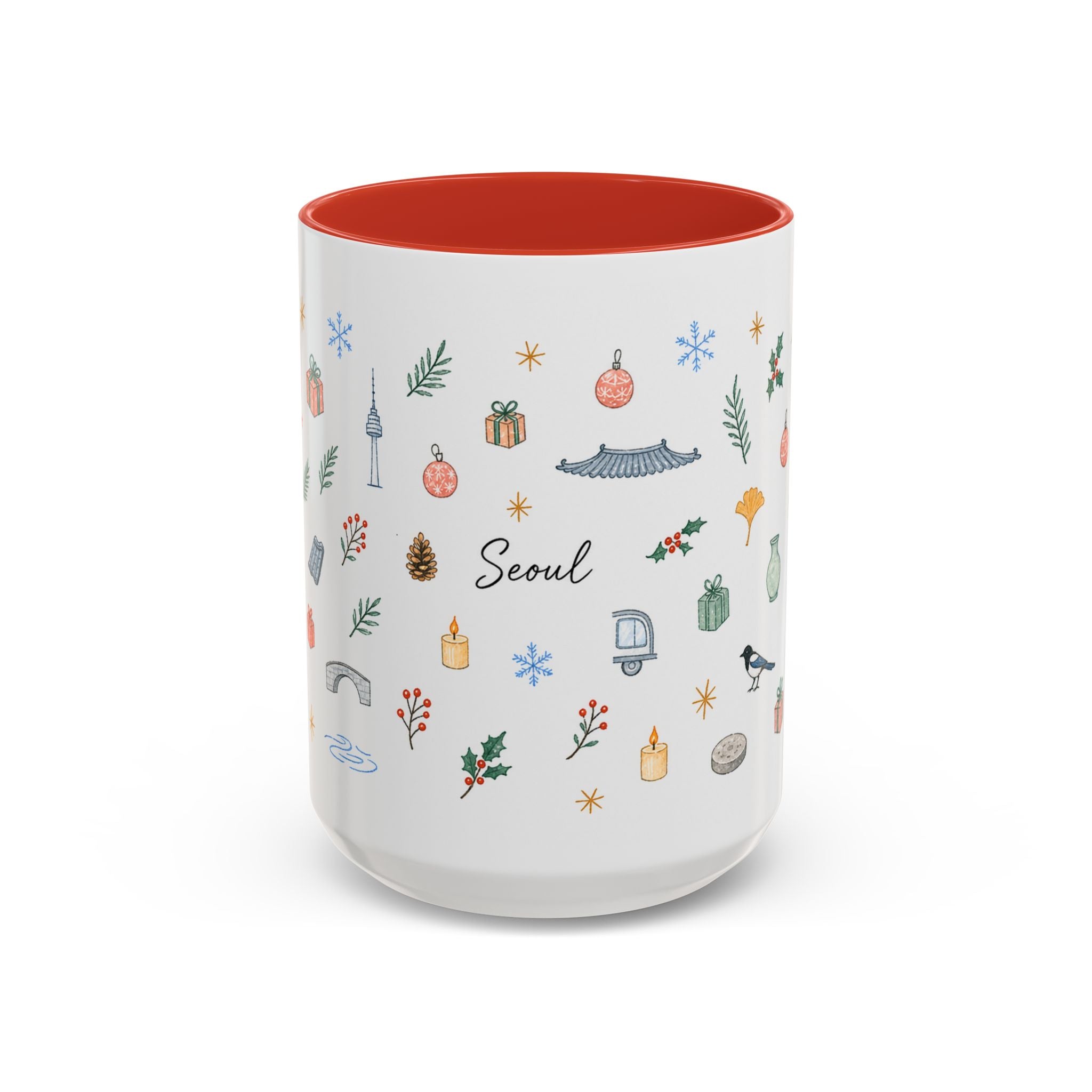Seoul Christmas Mug | Watercolor Travel Souvenir | Holiday Gift | Accent Ceramic Coffee Cup 11oz 15oz