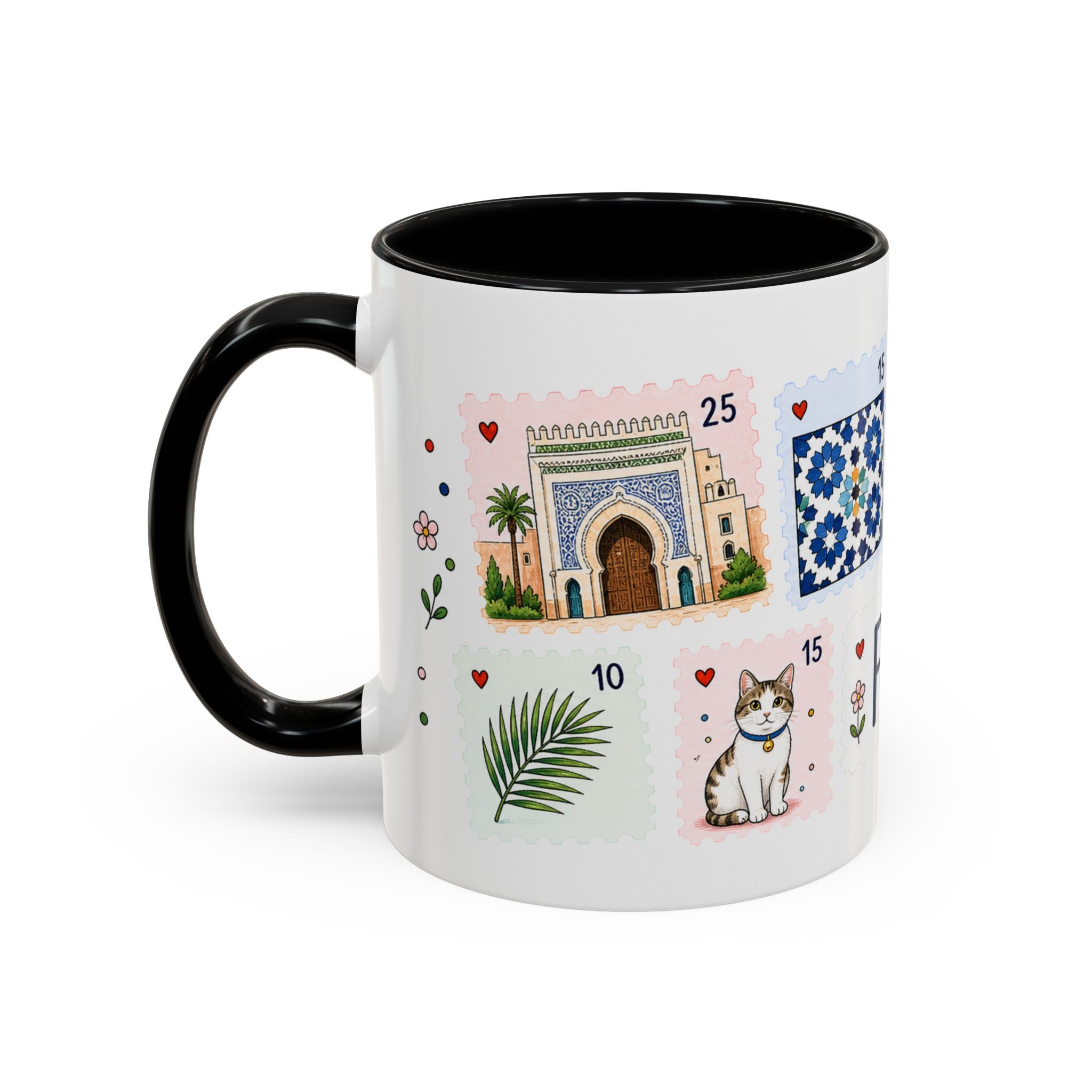 Fez Coffee Mug | Postage Stamp Collage Mug | Travel Souvenir Accent Cup 11oz 15oz
