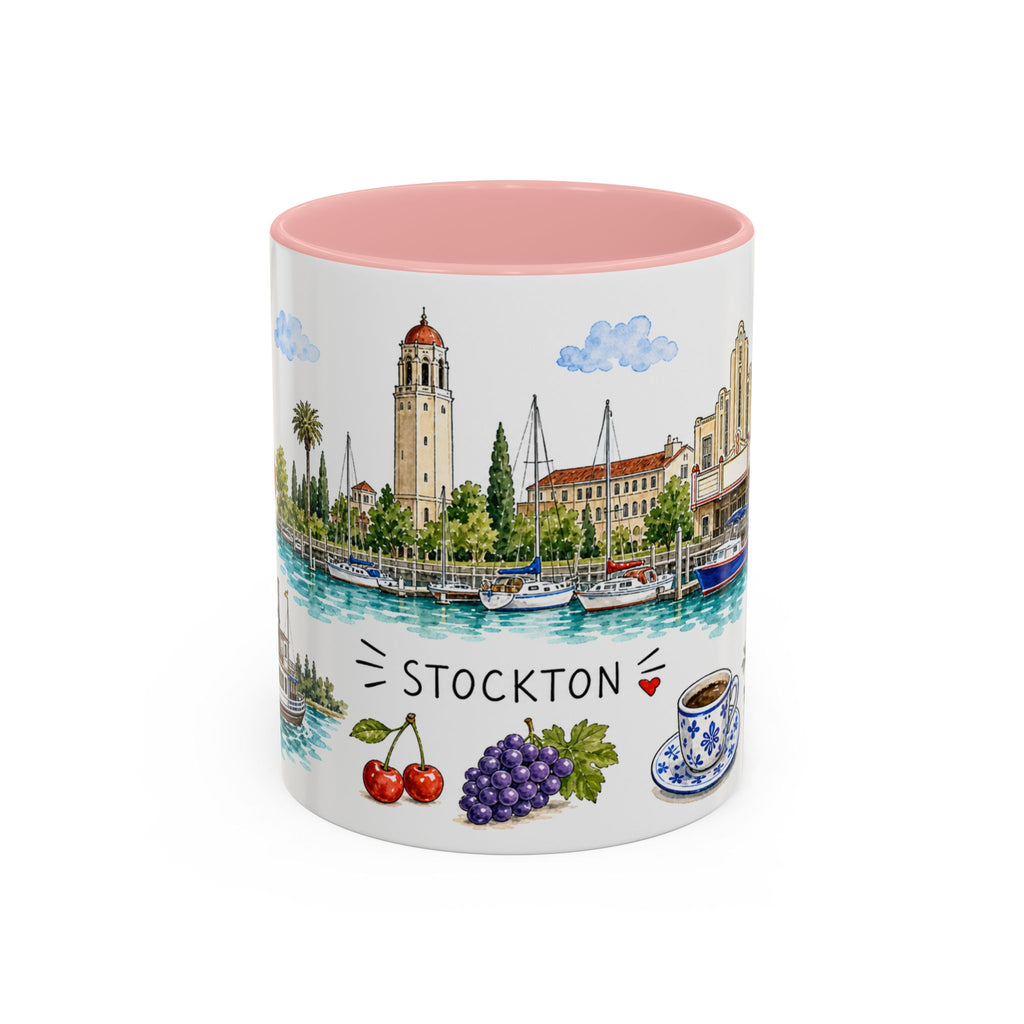 Stockton Illustrated Travel Mug | City Souvenir Accent Coffee Mug | 11oz 15oz Ceramic Cup