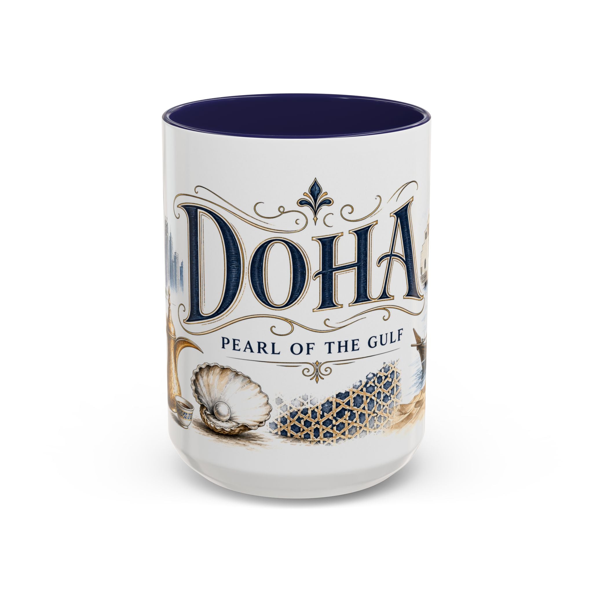 Doha Coffee Mug | Qatar Travel Souvenir | Vintage Illustrated City Gift | 11 oz 15 oz Accent Mug
