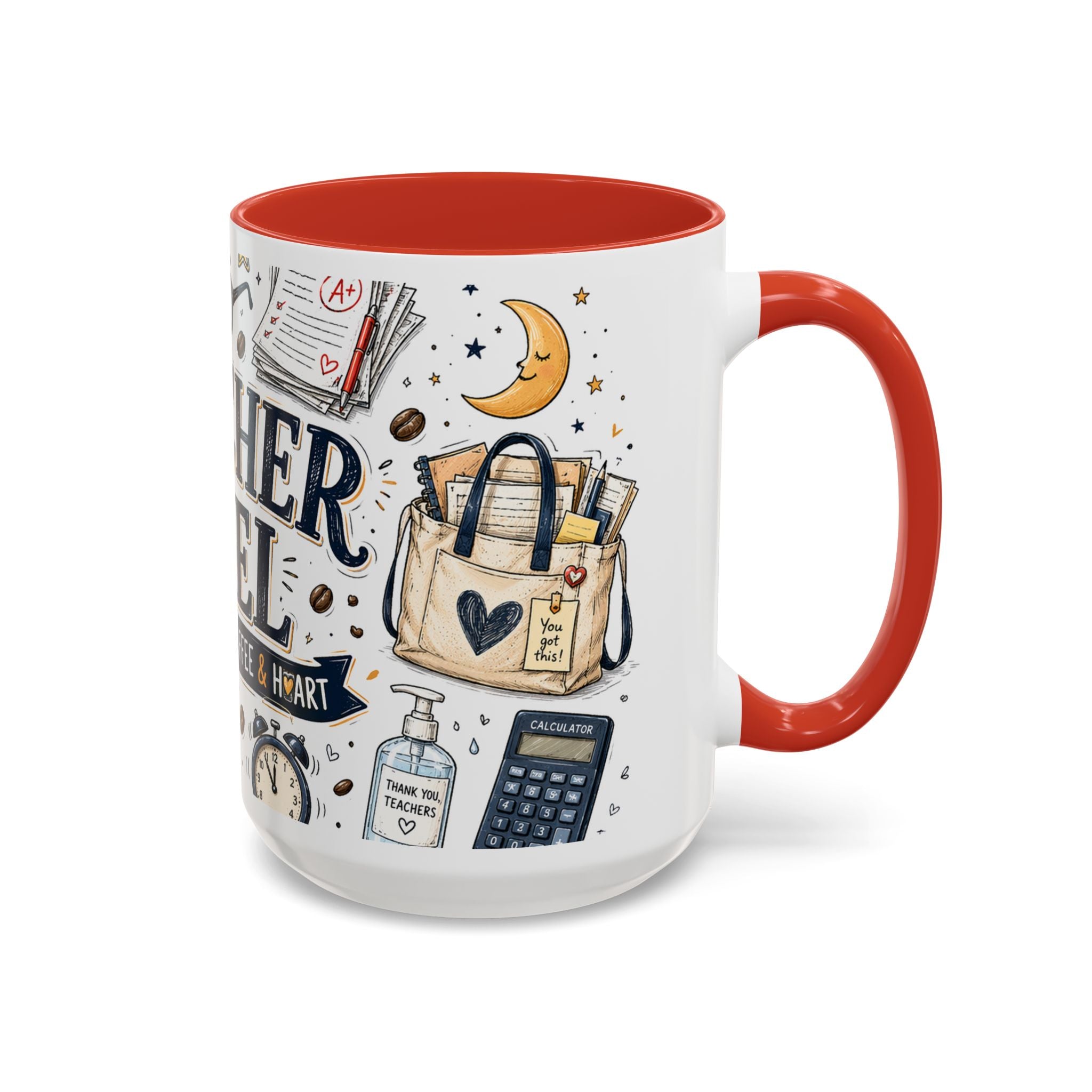Teacher Fuel Coffee Mug | Powered by Coffee and Wine Funny Gift | Accent Color Ceramic 11oz 15oz