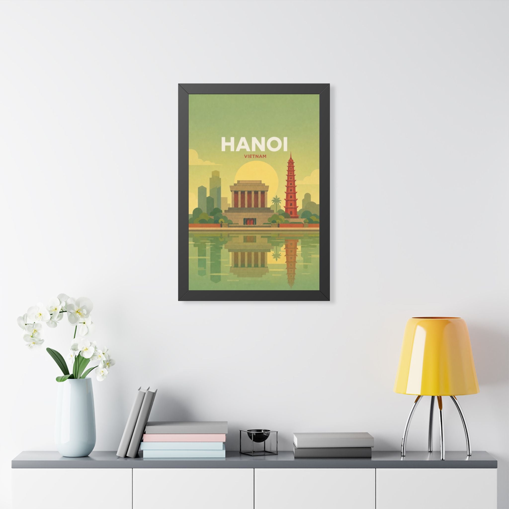 Hanoi Vietnam Framed Poster | Vintage Travel Wall Art | Black Walnut White Frame | 16x24 20x30