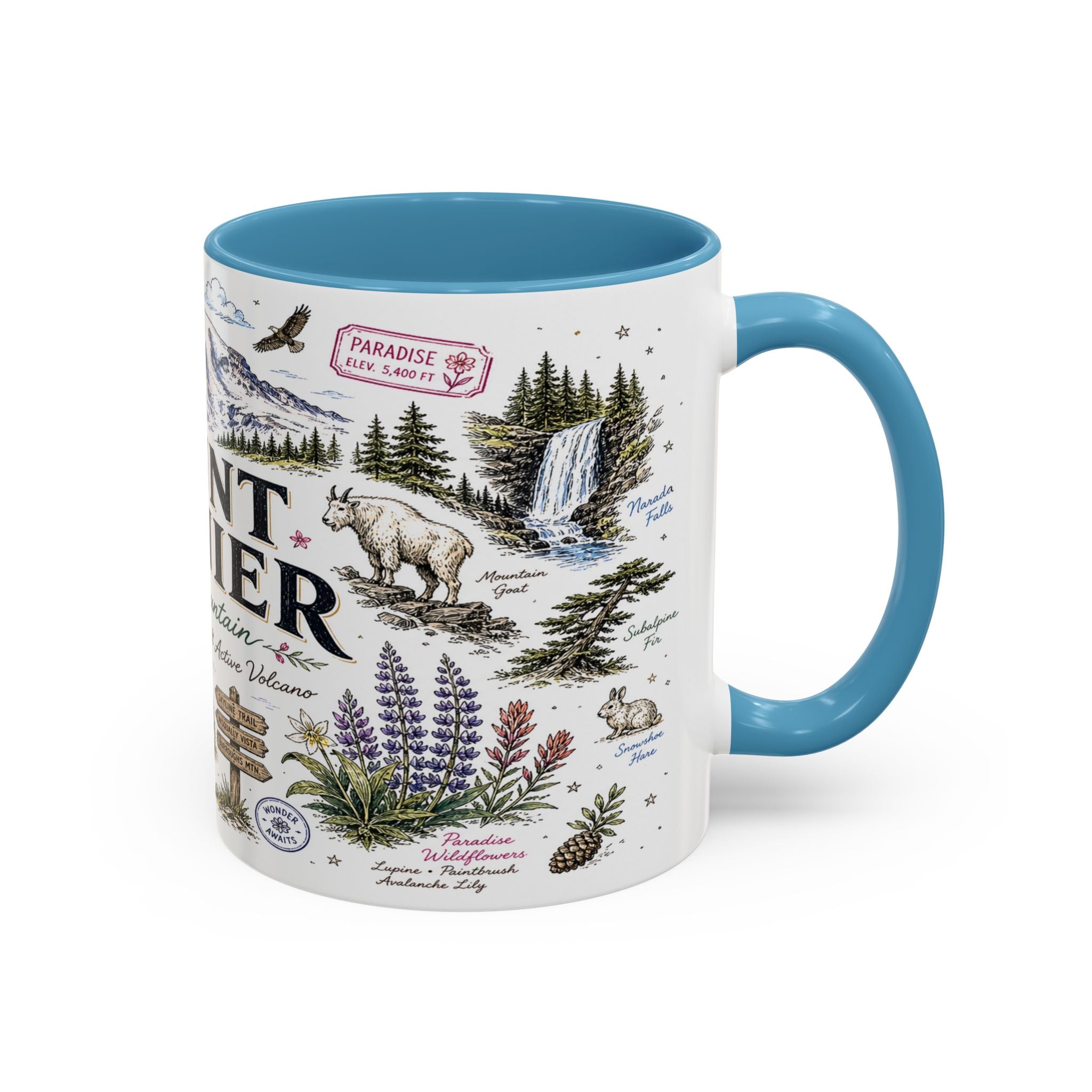 Mount Rainier Coffee Mug | National Park Hiking Washington Gift | Accent Color Ceramic 11oz 15oz