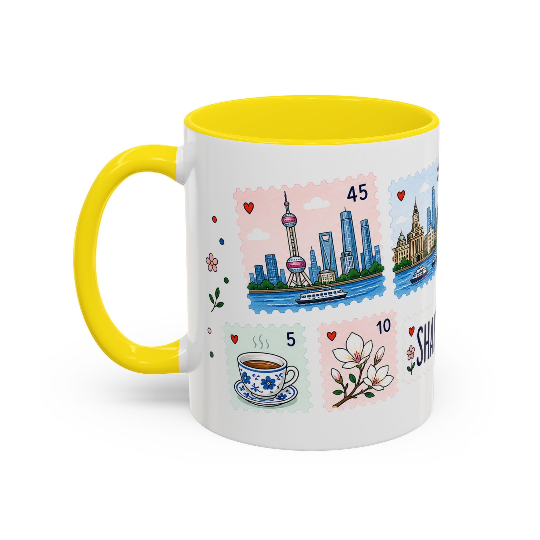 Shanghai Coffee Mug | Postage Stamp Collage Mug | Travel Souvenir Accent Cup 11oz 15oz