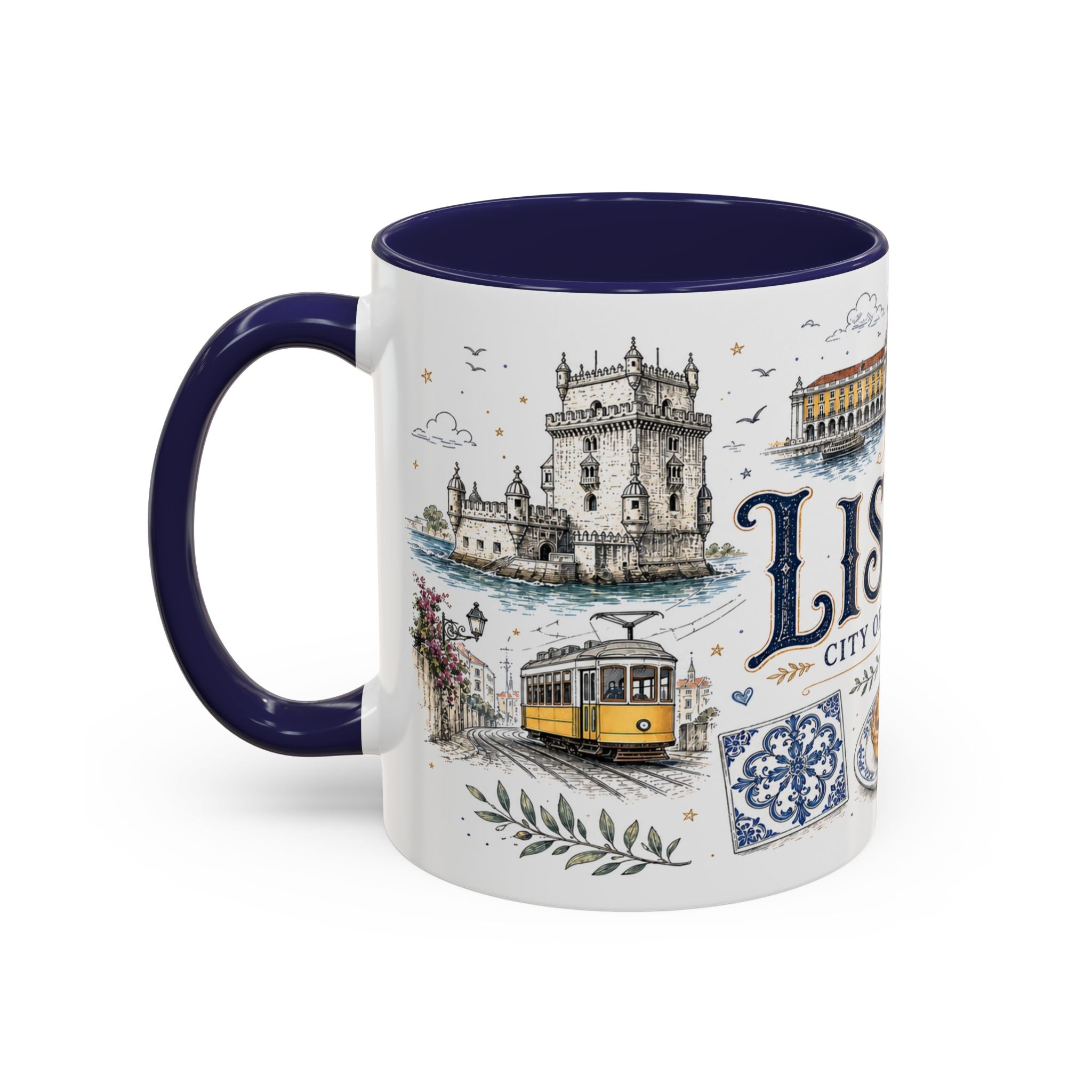 Lisbon Coffee Mug | Portugal Travel Souvenir | Vintage Illustrated City Gift | 11 oz 15 oz Accent Mug