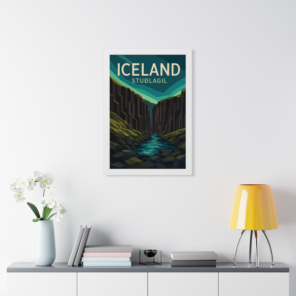 Stuðlagil Canyon Iceland Framed Poster | Vintage Travel Wall Art | Black Walnut White Frame | 16x24 20x30