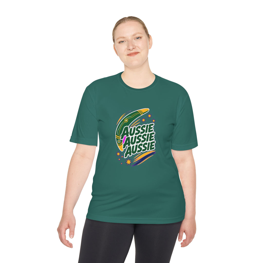 Australia Fan T-Shirt, Aussie Boomerang Design, Moisture Wicking Sport Tee