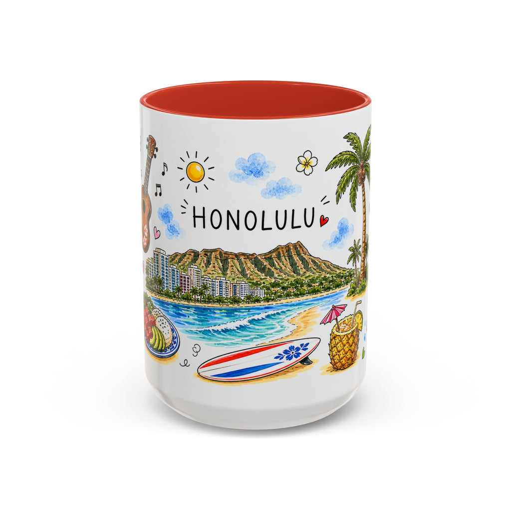 Honolulu Illustrated Travel Mug | City Souvenir Accent Coffee Mug | 11oz 15oz Ceramic Cup