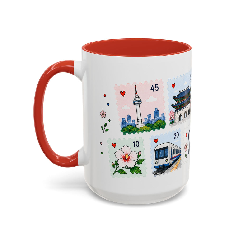 Seoul Coffee Mug | Postage Stamp Collage Mug | Travel Souvenir Accent Cup 11oz 15oz