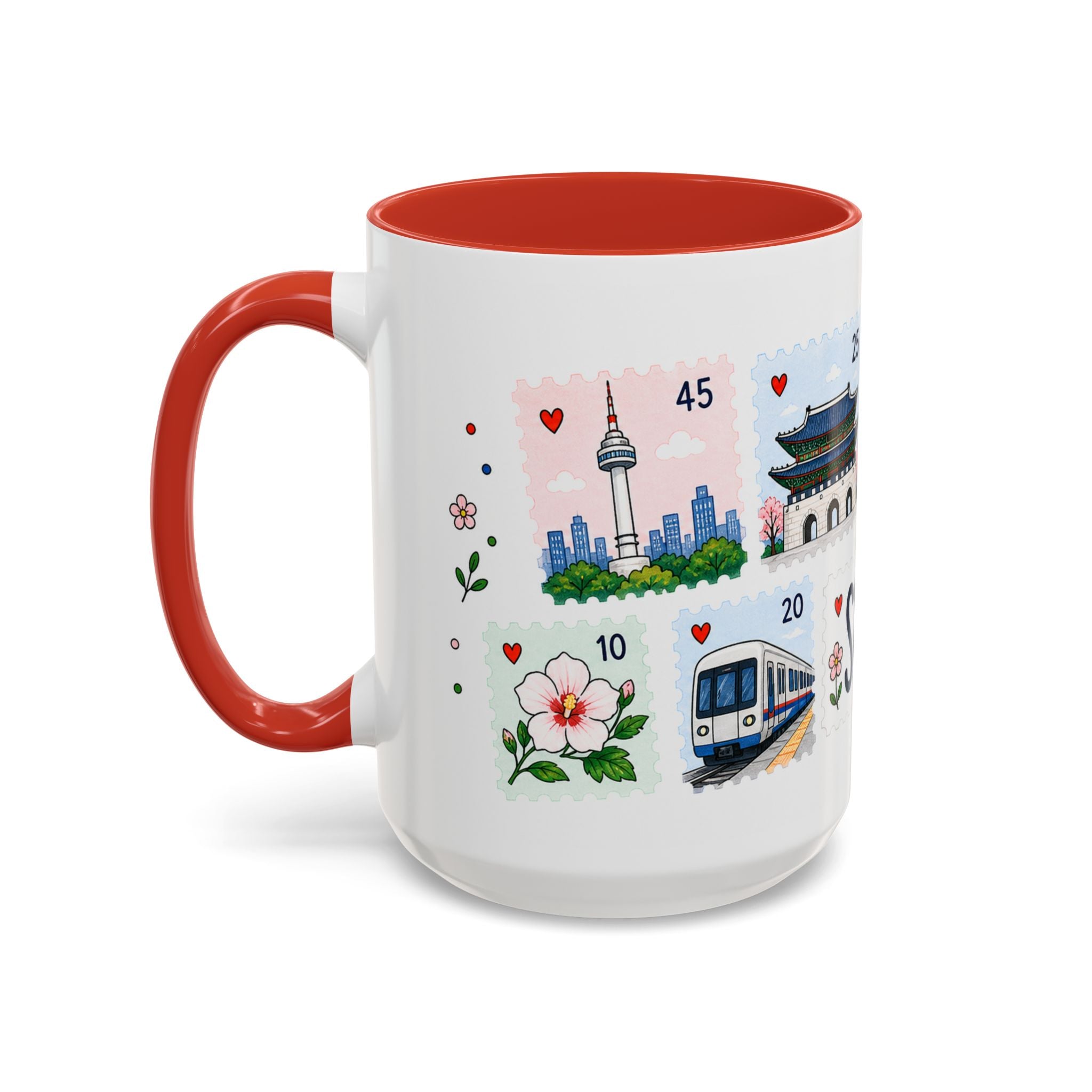 Seoul Coffee Mug | Postage Stamp Collage Mug | Travel Souvenir Accent Cup 11oz 15oz
