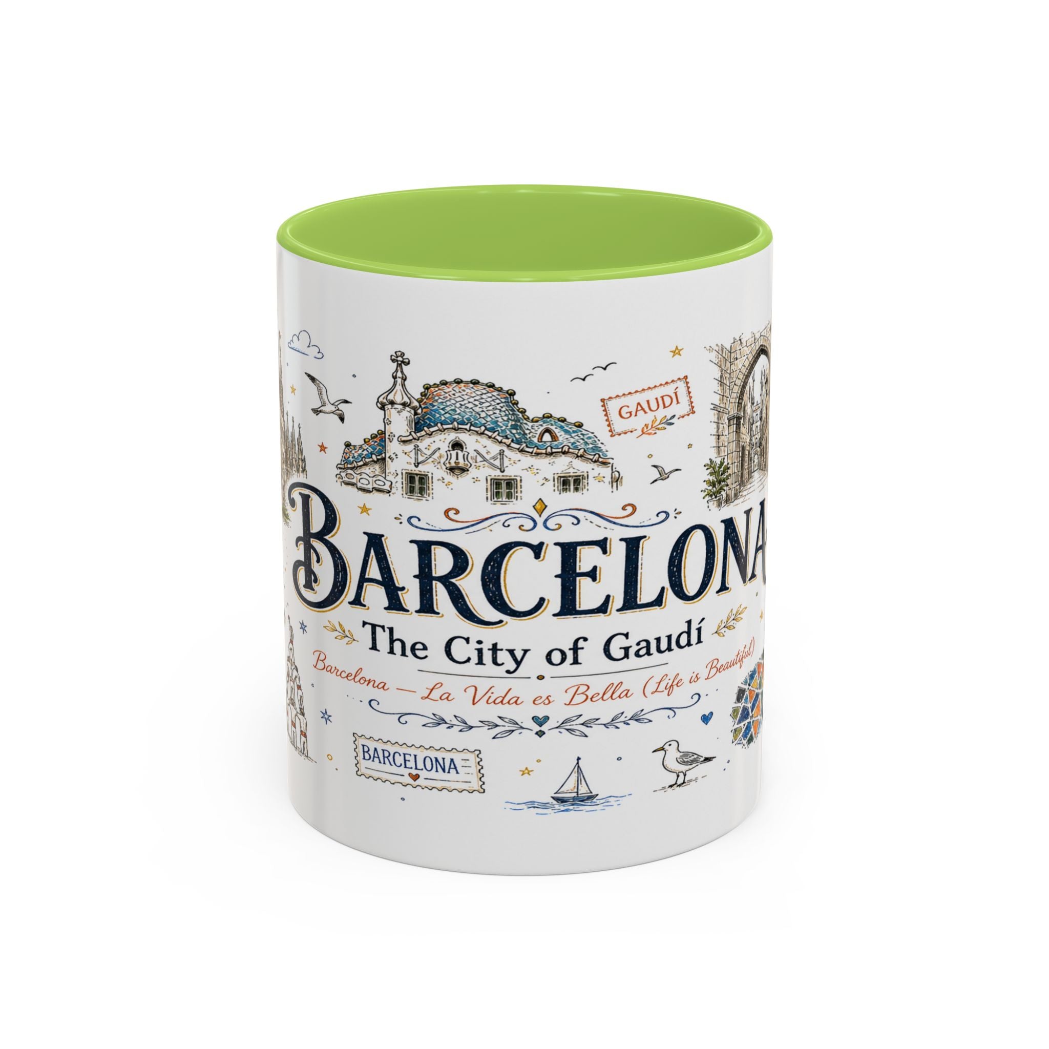 Barcelona Coffee Mug | Spain Souvenir Travel Gift | Accent Color Ceramic 11oz 15oz