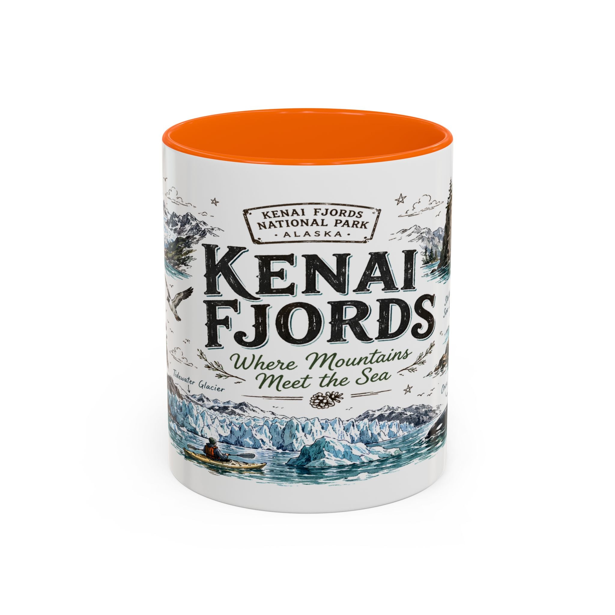 Kenai Fjords National Park Coffee Mug | Alaska Coastal Wildlife Hiking Gift | Accent Color Ceramic 11oz 15oz