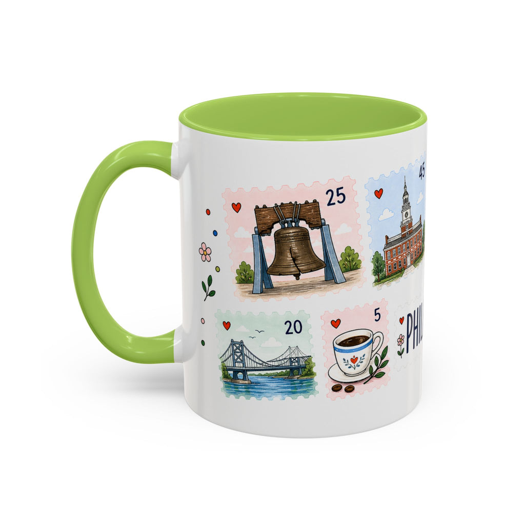 Philadelphia Coffee Mug | Postage Stamp Collage Mug | Travel Souvenir Accent Cup 11oz 15oz