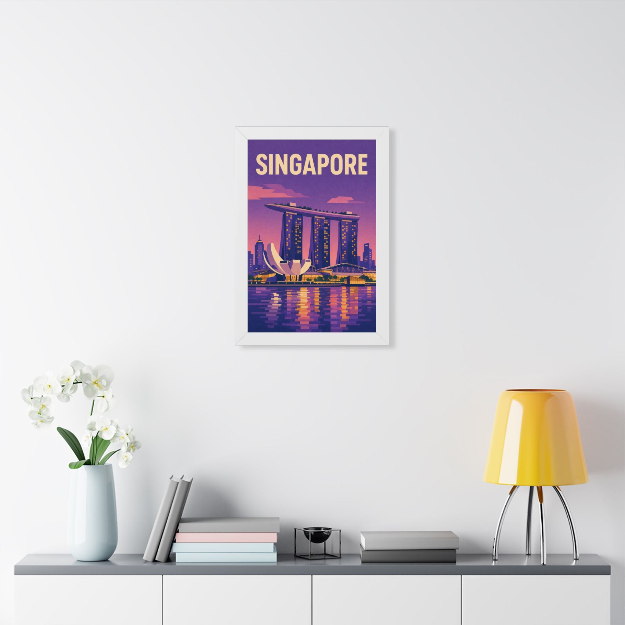 Singapore Marina Bay Singapore Framed Poster | Vintage Travel Wall Art | Black Walnut White Frame | 16x24 20x30