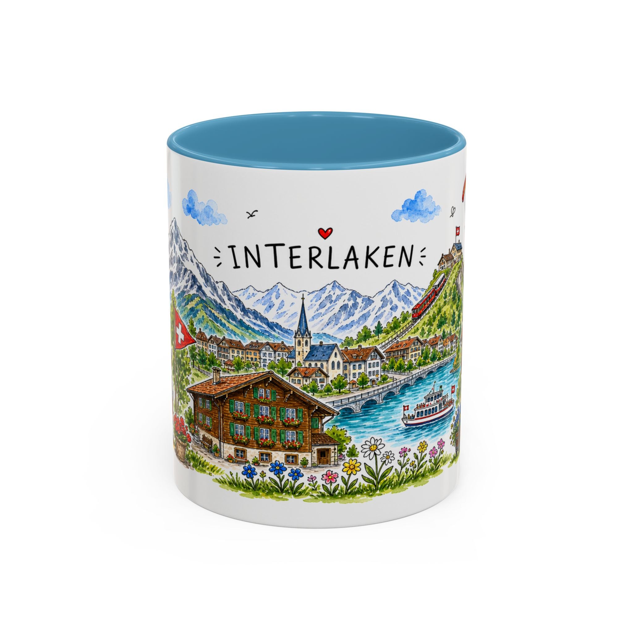 Interlaken Illustrated Travel Mug | Switzerland Souvenir Accent Coffee Mug | 11oz 15oz Ceramic Cup