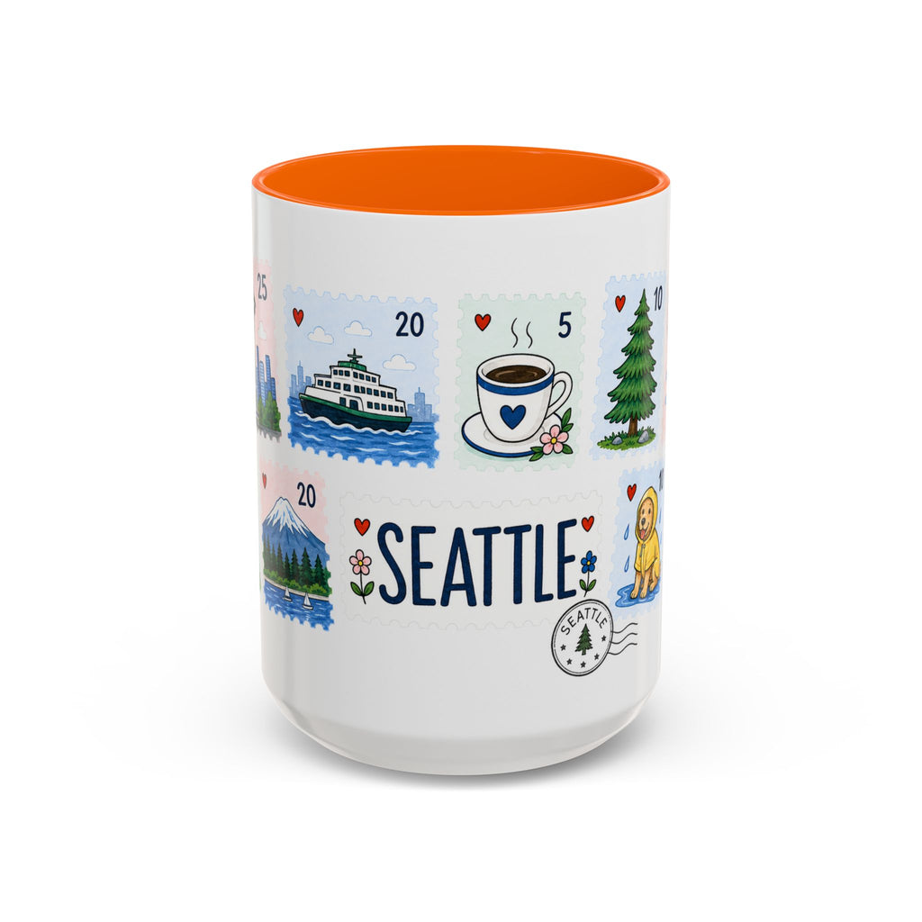 Seattle Coffee Mug | Postage Stamp Collage Mug | Travel Souvenir Accent Cup 11oz 15oz