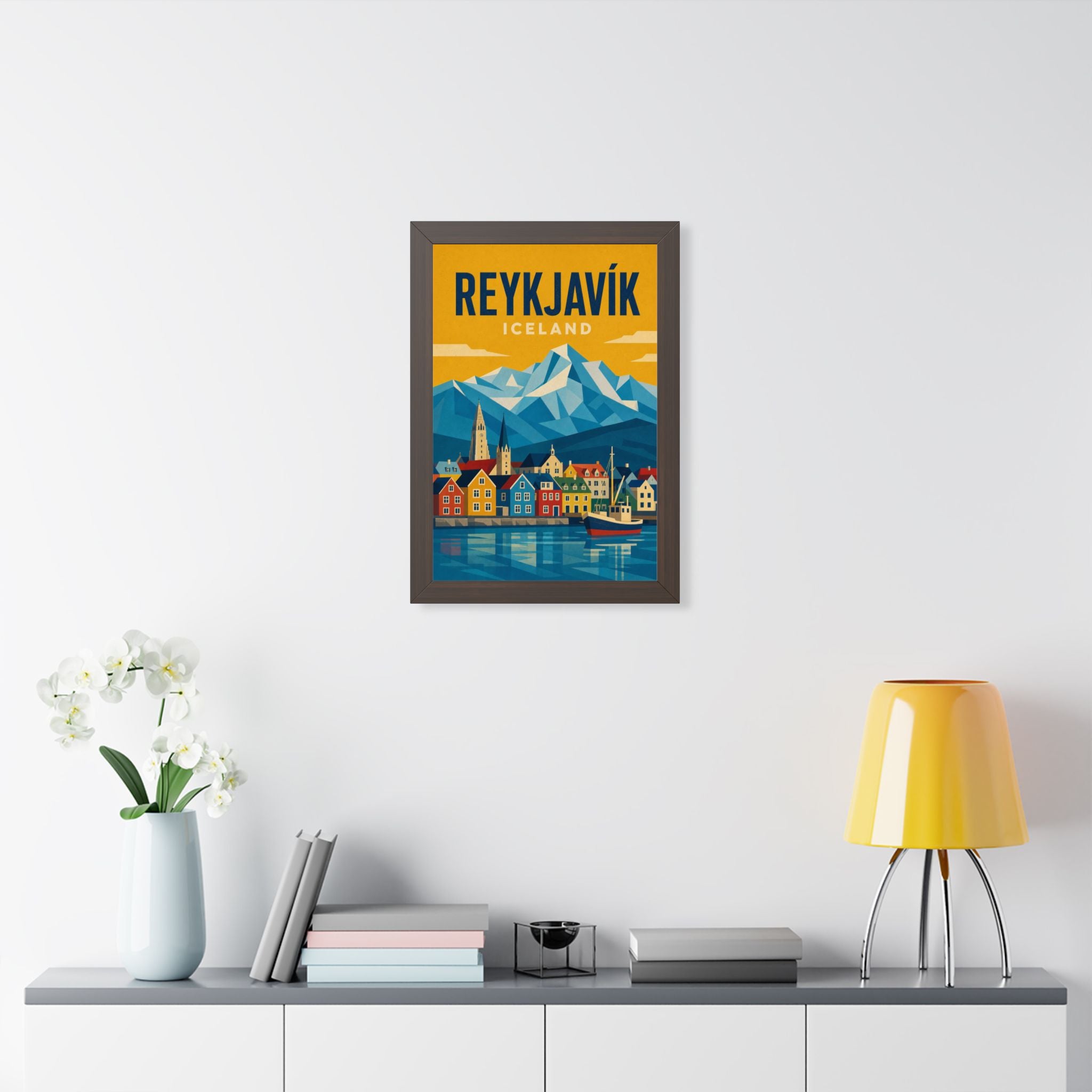 Reykjavík Iceland Framed Poster | Vintage Travel Wall Art | Black Walnut White Frame | 16x24 20x30