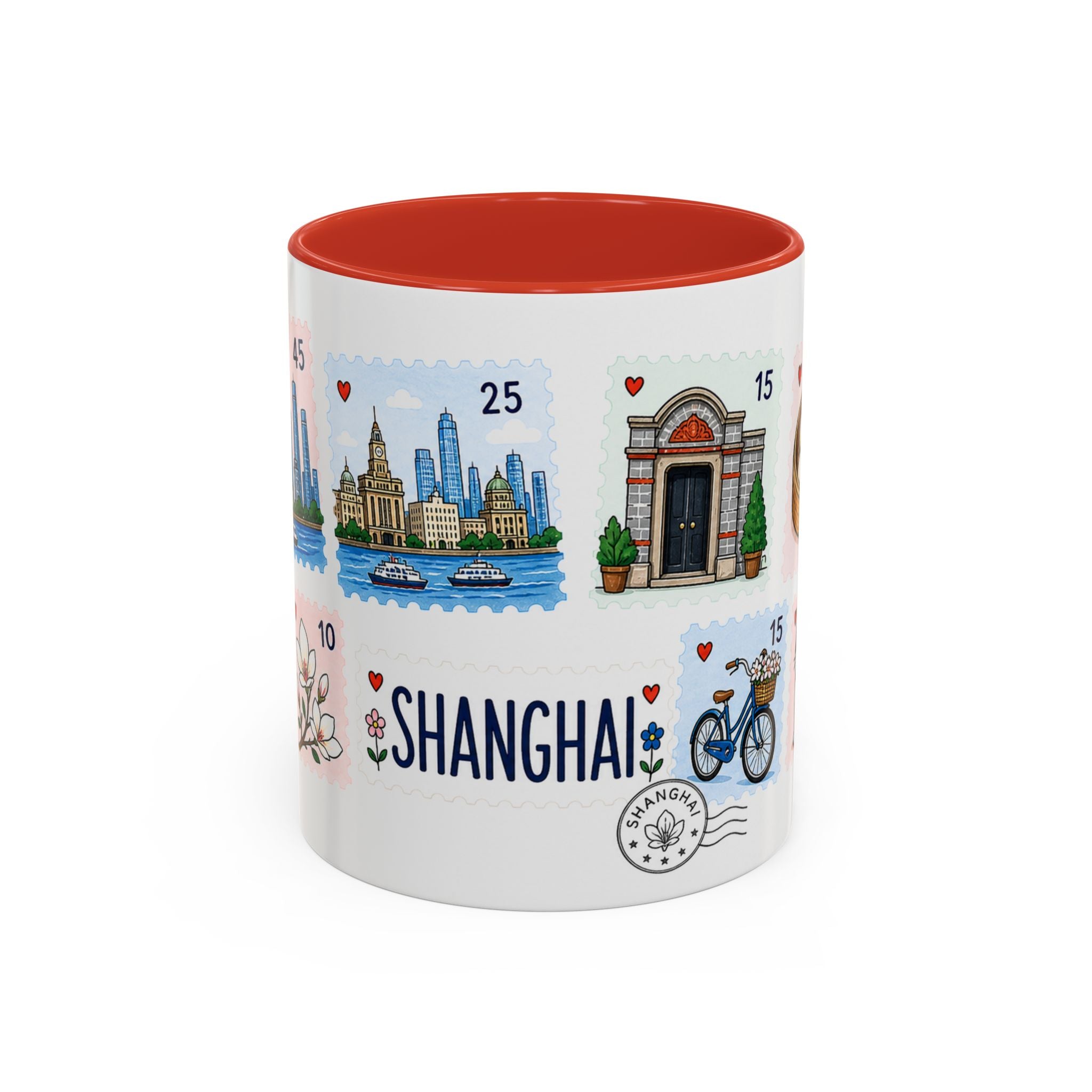 Shanghai Coffee Mug | Postage Stamp Collage Mug | Travel Souvenir Accent Cup 11oz 15oz