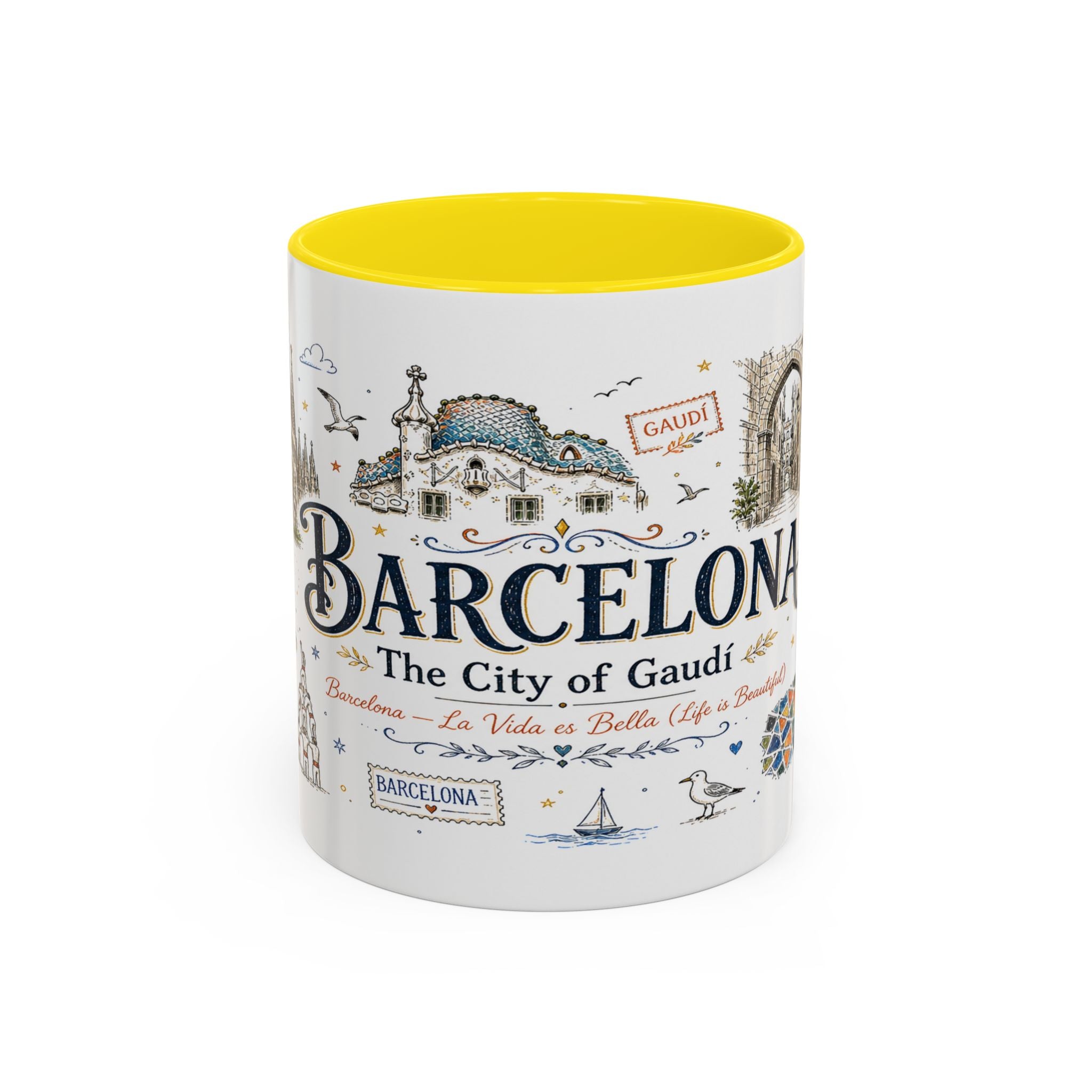 Barcelona Coffee Mug | Spain Souvenir Travel Gift | Accent Color Ceramic 11oz 15oz