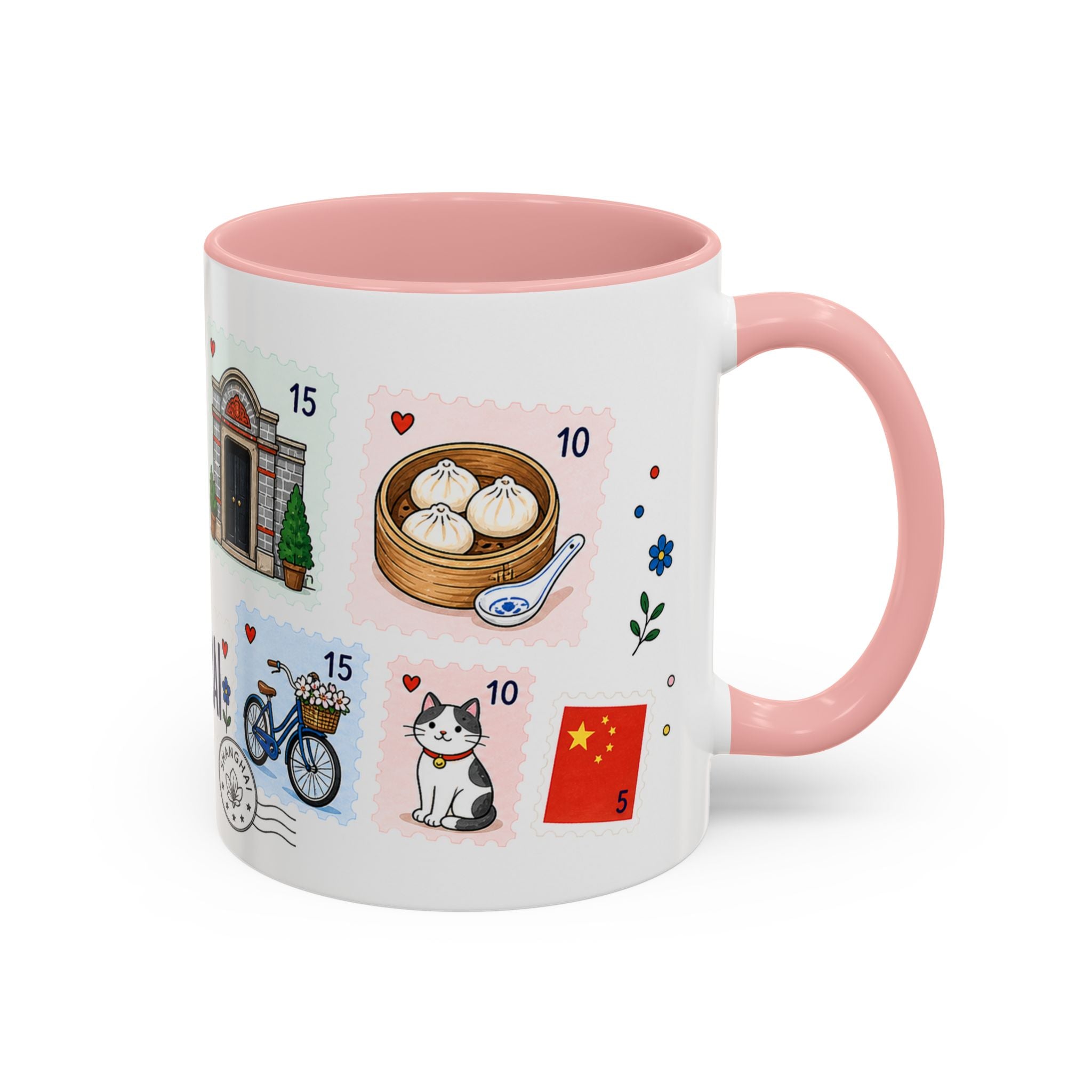 Shanghai Coffee Mug | Postage Stamp Collage Mug | Travel Souvenir Accent Cup 11oz 15oz