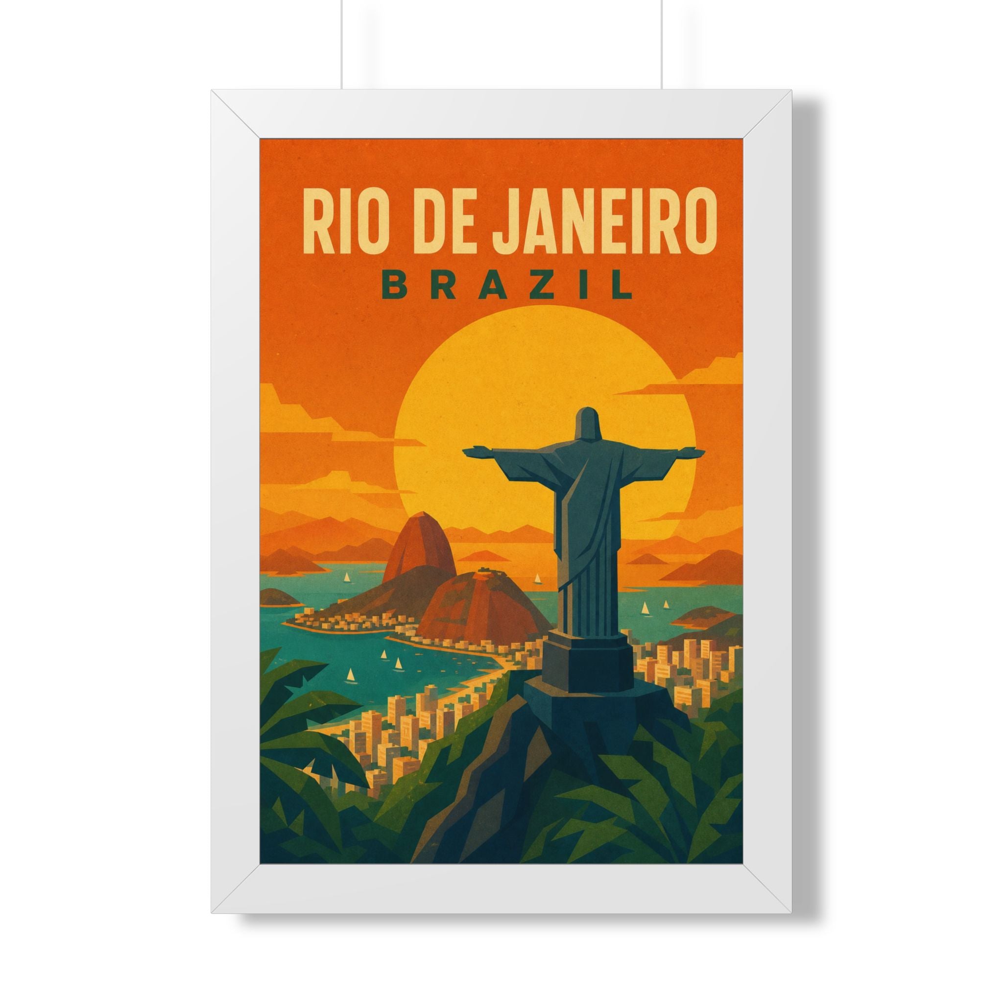 Rio de Janeiro Sunset Brazil Framed Poster | Vintage Travel Wall Art | Black Walnut White Frame | 16x24 20x30