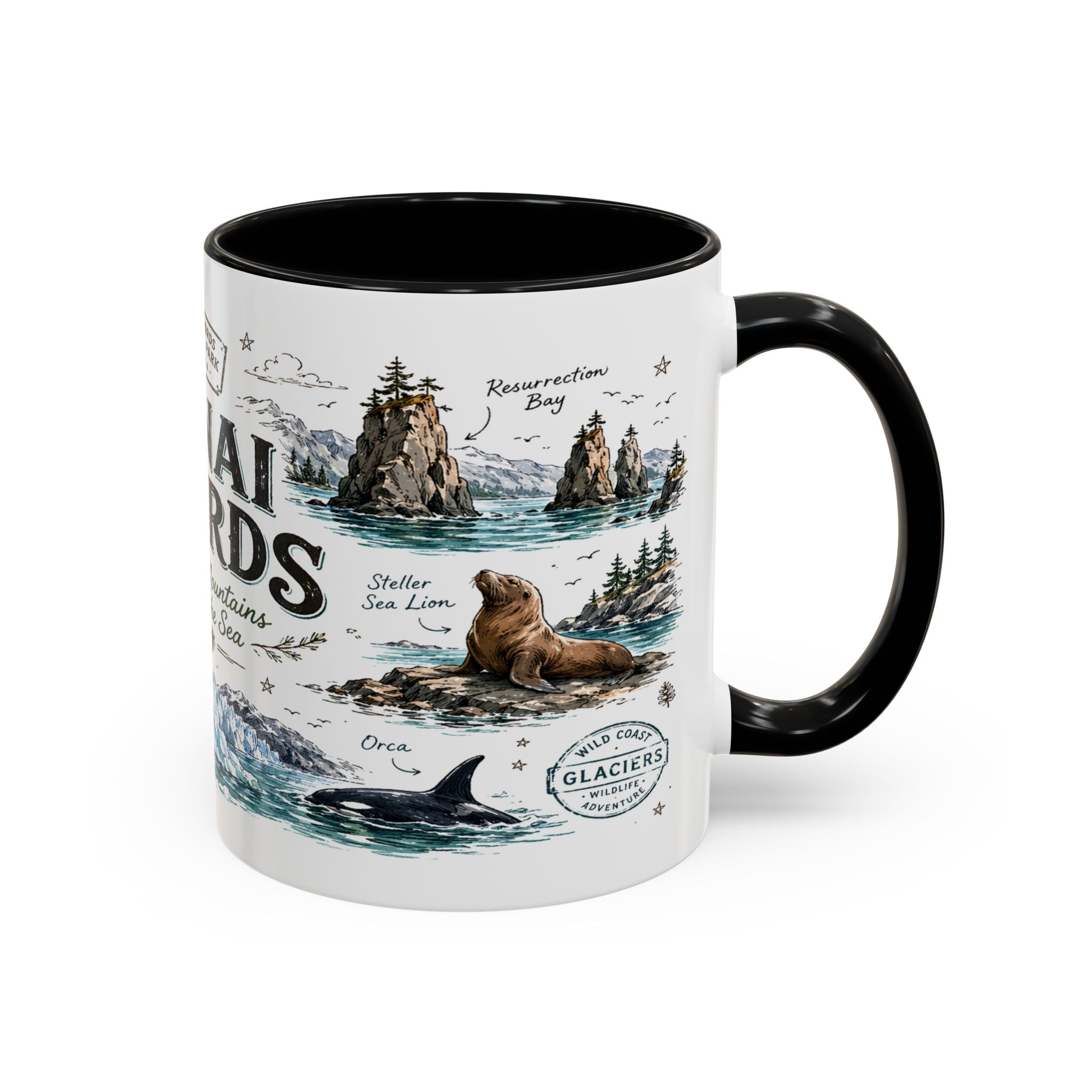Kenai Fjords National Park Coffee Mug | Alaska Coastal Wildlife Hiking Gift | Accent Color Ceramic 11oz 15oz
