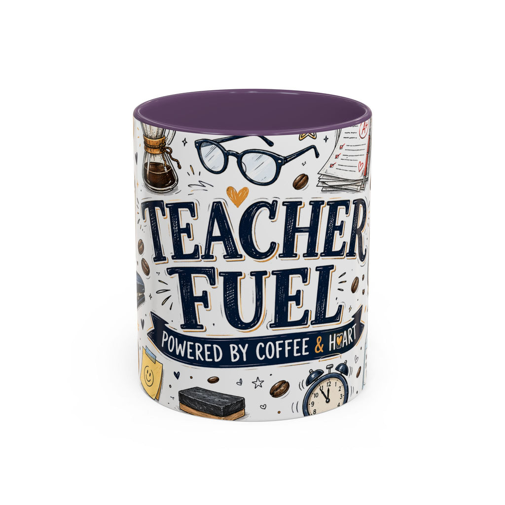 Teacher Fuel Coffee Mug | Powered by Coffee and Wine Funny Gift | Accent Color Ceramic 11oz 15oz