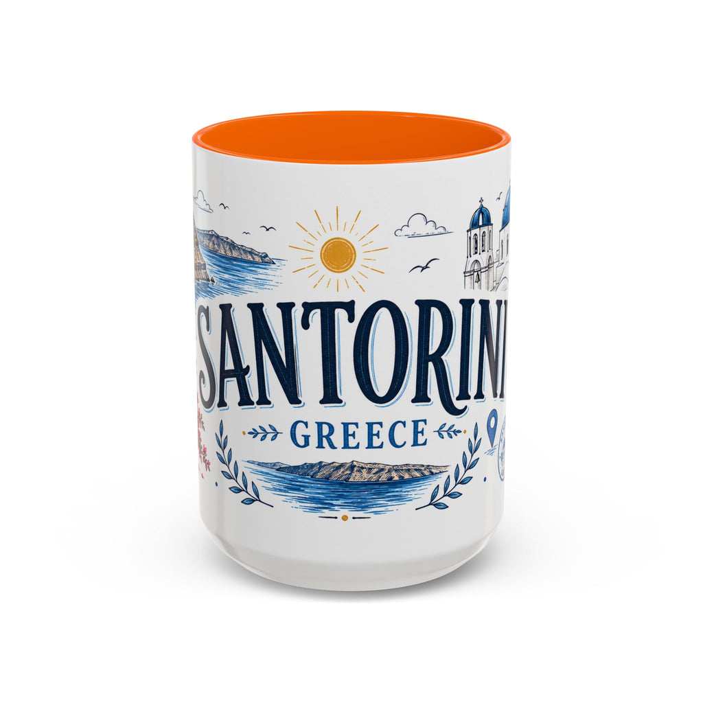 Santorini Coffee Mug | Travel Destination Souvenir Gift | Accent Color Ceramic 11oz 15oz