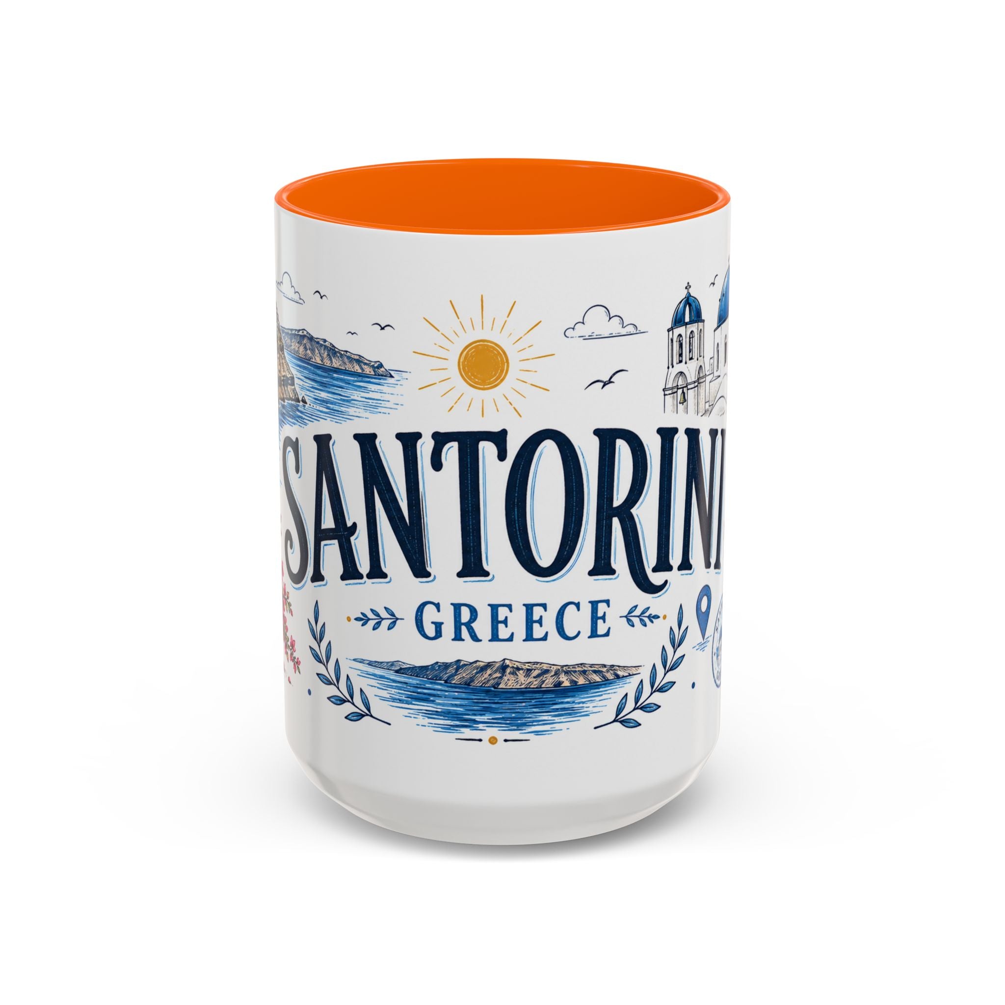 Santorini Coffee Mug | Travel Destination Souvenir Gift | Accent Color Ceramic 11oz 15oz