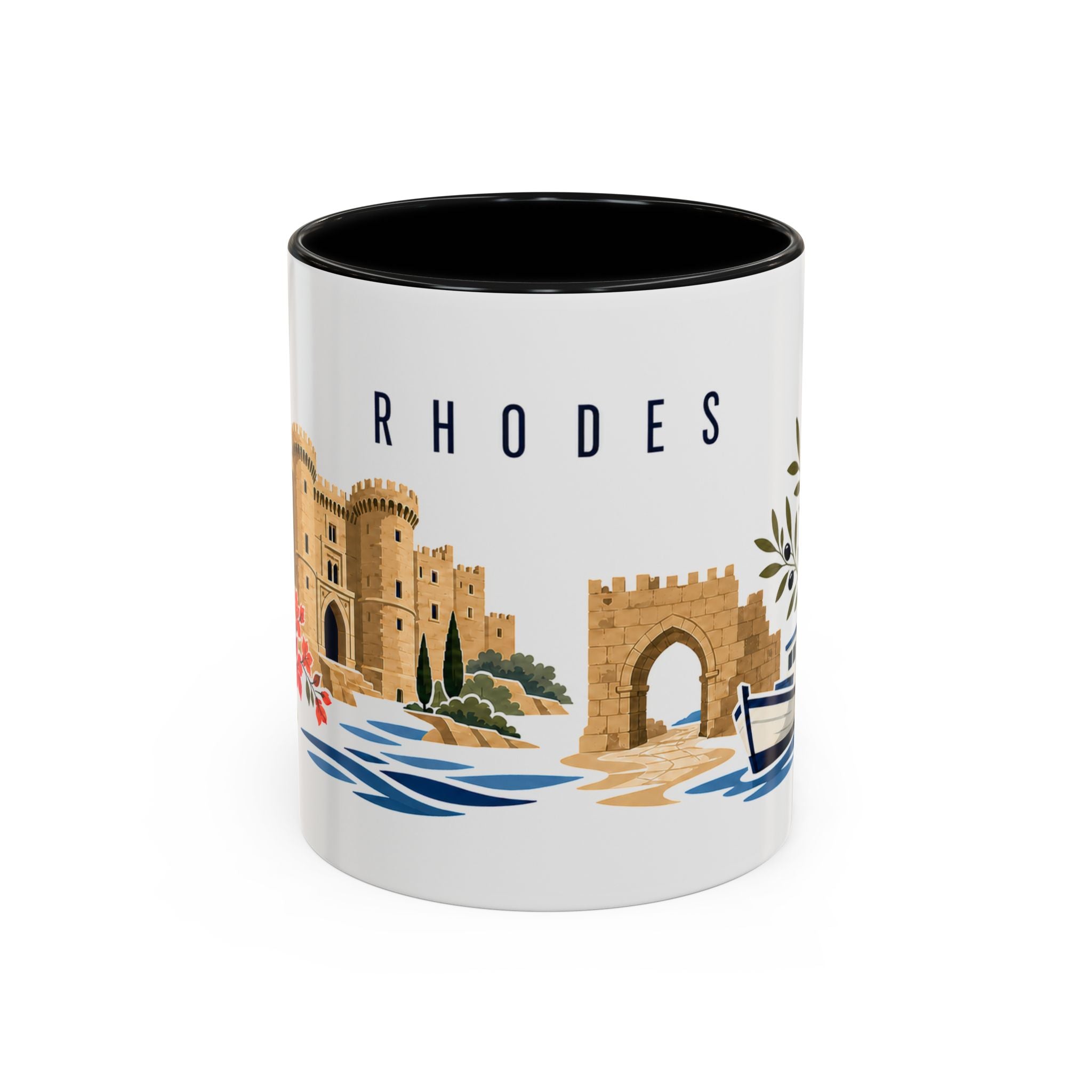 Rhodes Coffee Mug | Greece Travel Souvenir | Porcelain Decal City Gift | 11oz 15oz Accent Mug