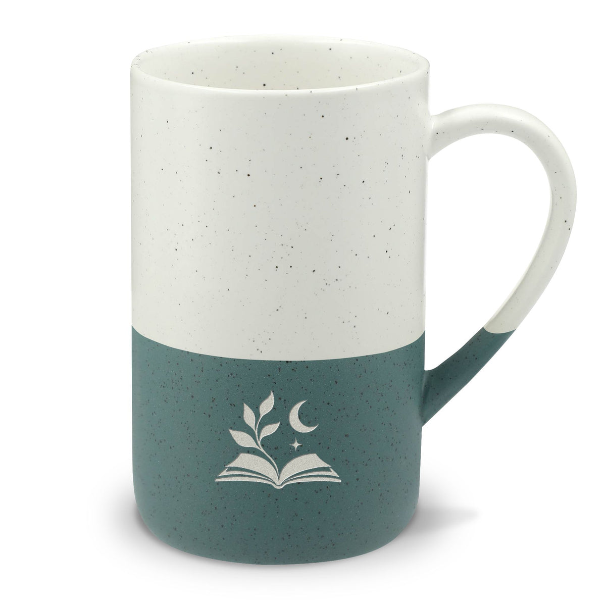 Books and Botanicals Engraved Speckled Ceramic Mug, 13oz, Minimalist Coffee Cup, Nature Inspired Gift