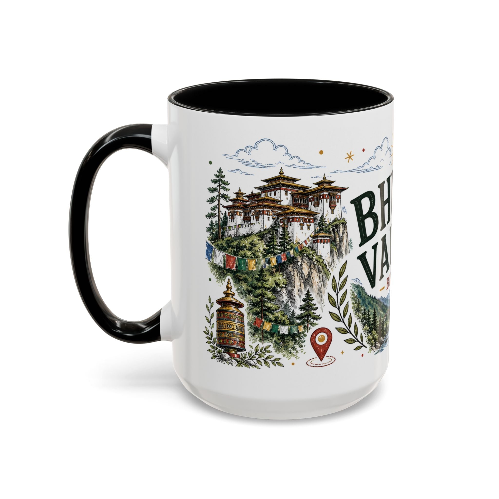 Bhutan Valleys Coffee Mug | Travel Destination Souvenir Gift | Accent Color Ceramic 11oz 15oz