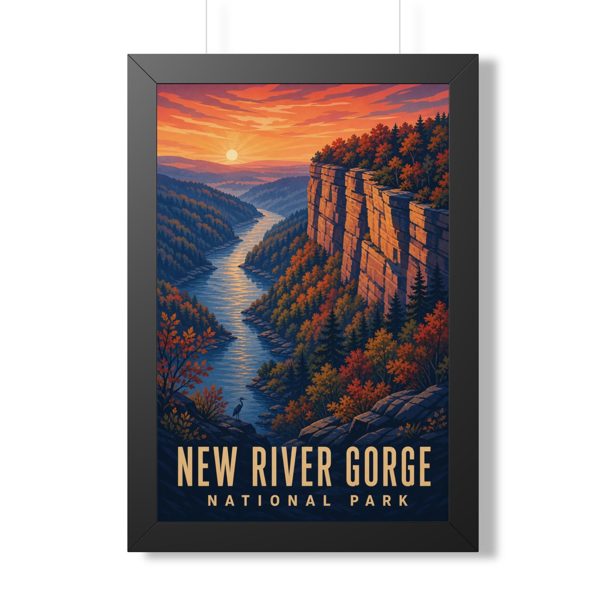 New River Gorge National Park Framed Poster | Vintage Travel Wall Art | Black Walnut White Frame | 16x24 20x30