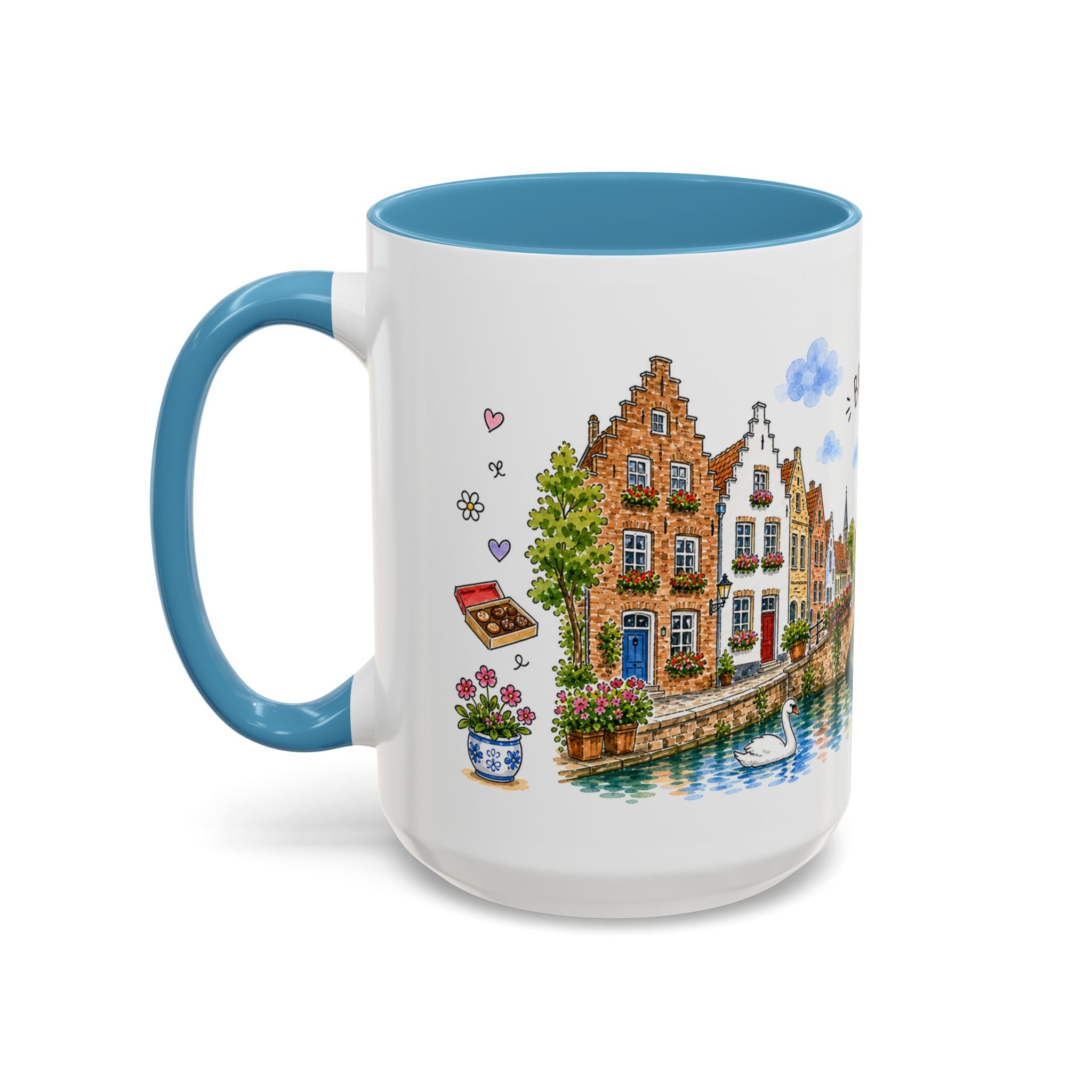 Bruges Illustrated Travel Mug | Belgium Souvenir Accent Coffee Mug | 11oz 15oz Ceramic Cup